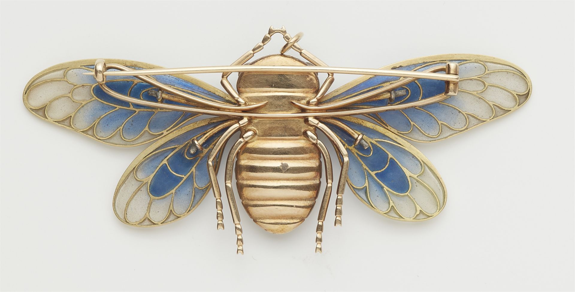 An Art Nouveau 14k gold enamel plique à jour cicada brooch. - Image 3 of 3