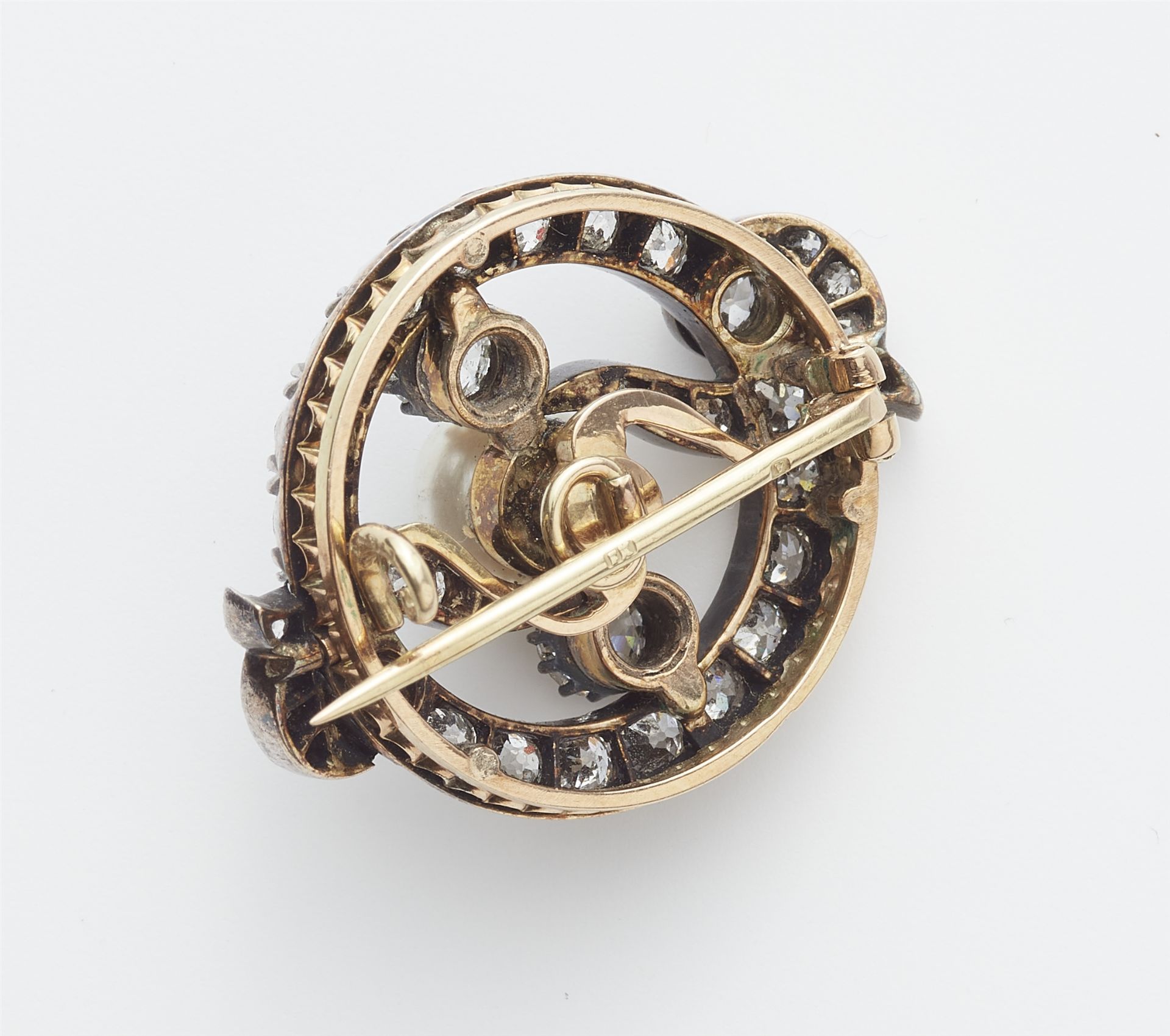An Austrian 14k gold and European old-cut diamond brooch with a bouton pearl. - Image 2 of 2