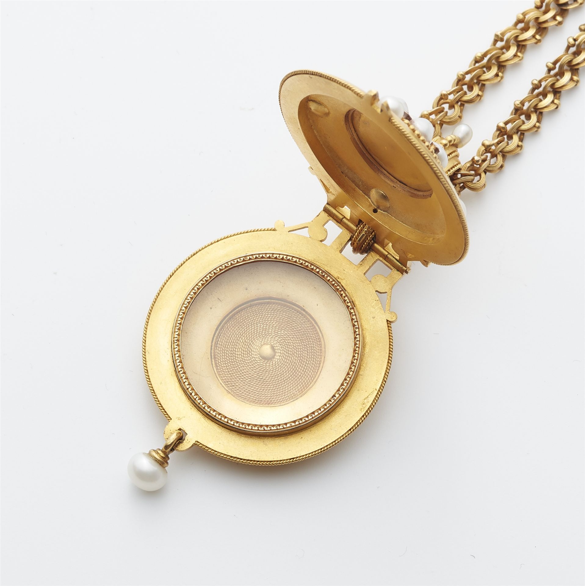An Archeological Revival 18k gold granulation pearl and diamond locket with chain necklace. - Image 2 of 4