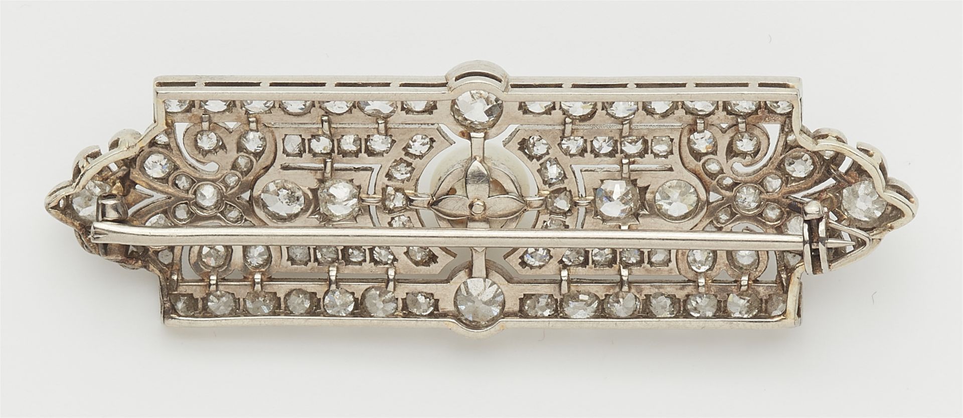 An Art Deco 18k white gold diamond and pearl brooch. - Image 2 of 2