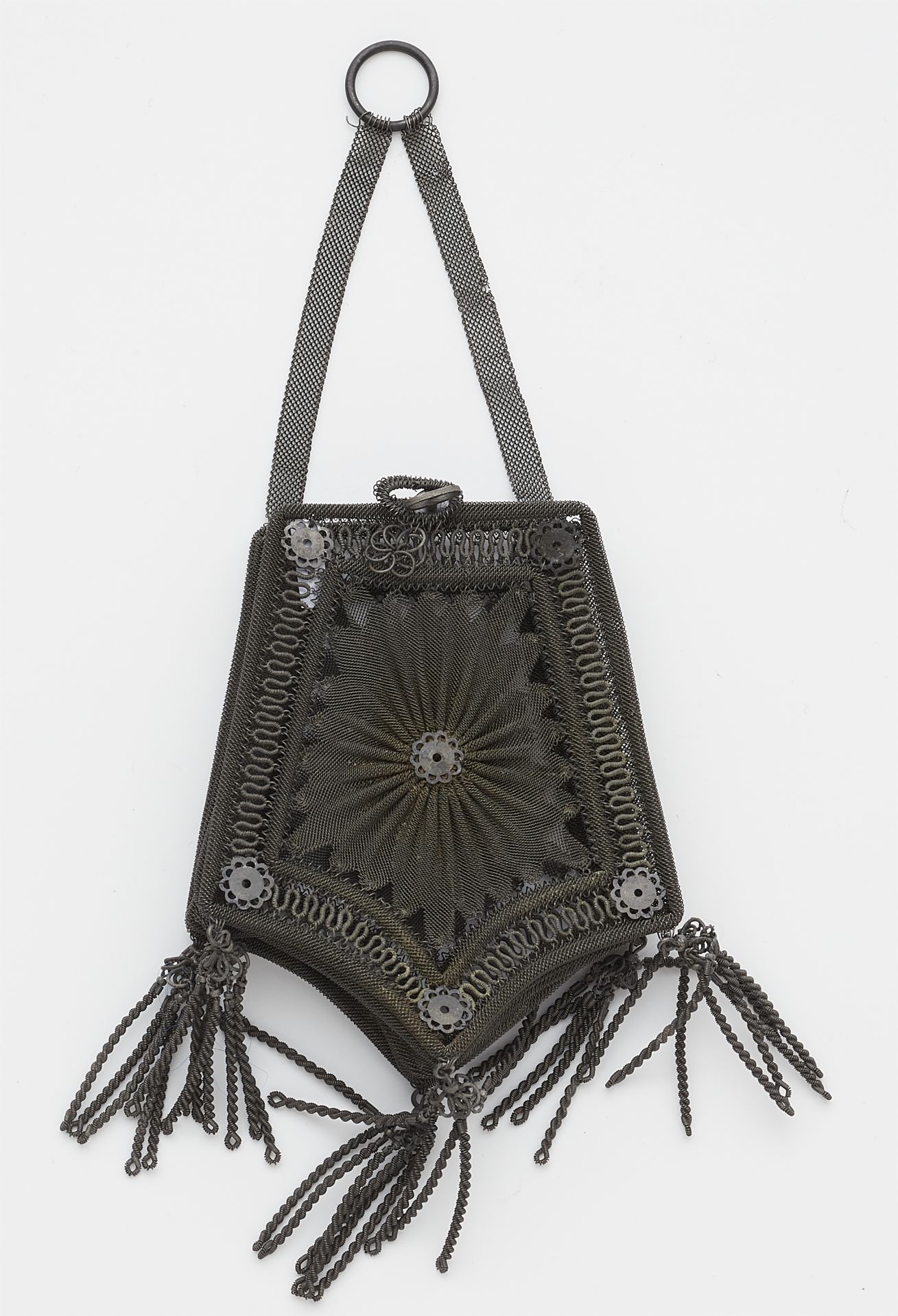 An small Berlin or Viennese gauze-like pouch woven from steel wire with tassel pendants. - Image 2 of 2