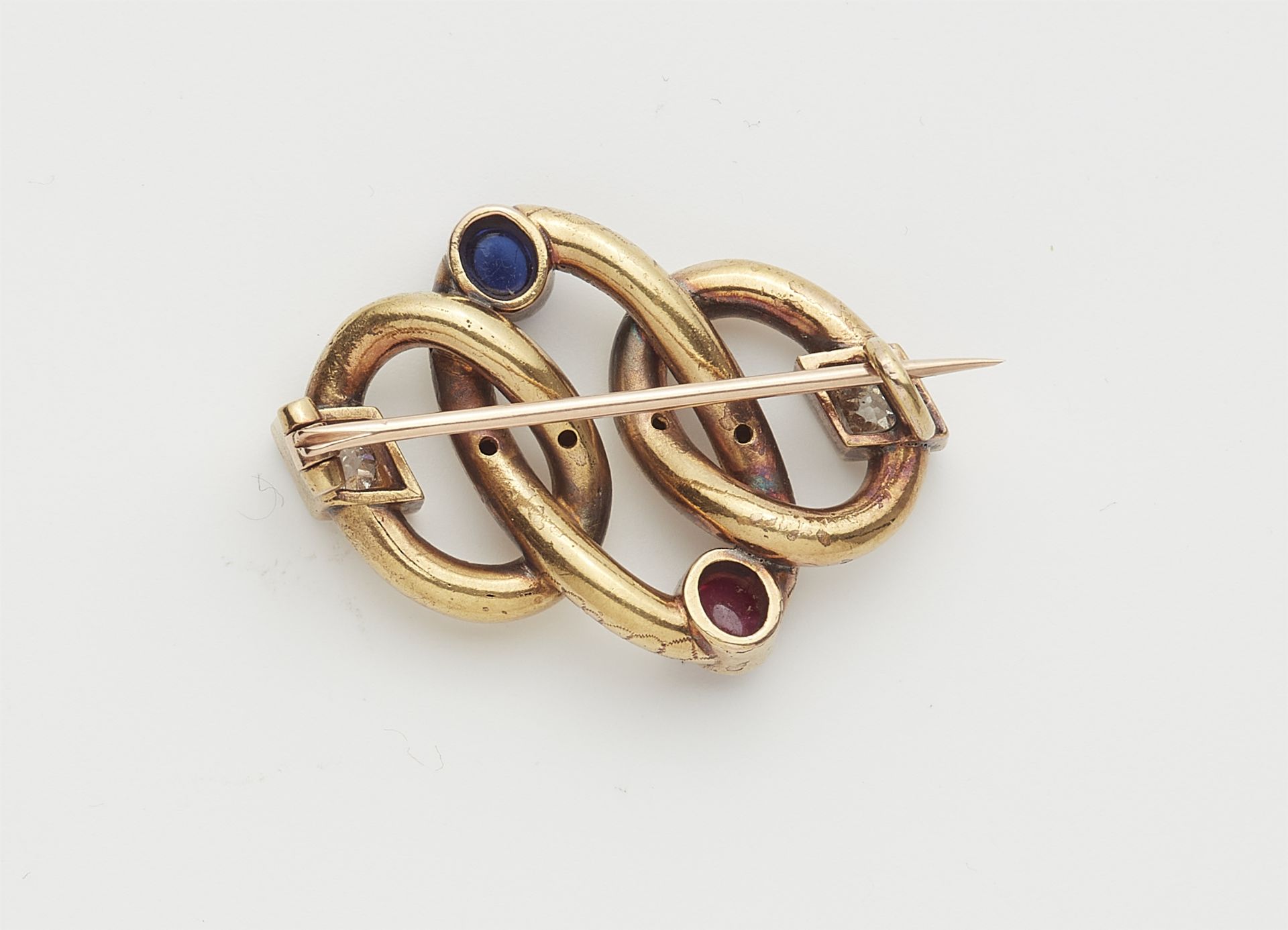 A late 19th century 14k gold sapphire ruby and diamond brooch. - Image 2 of 2