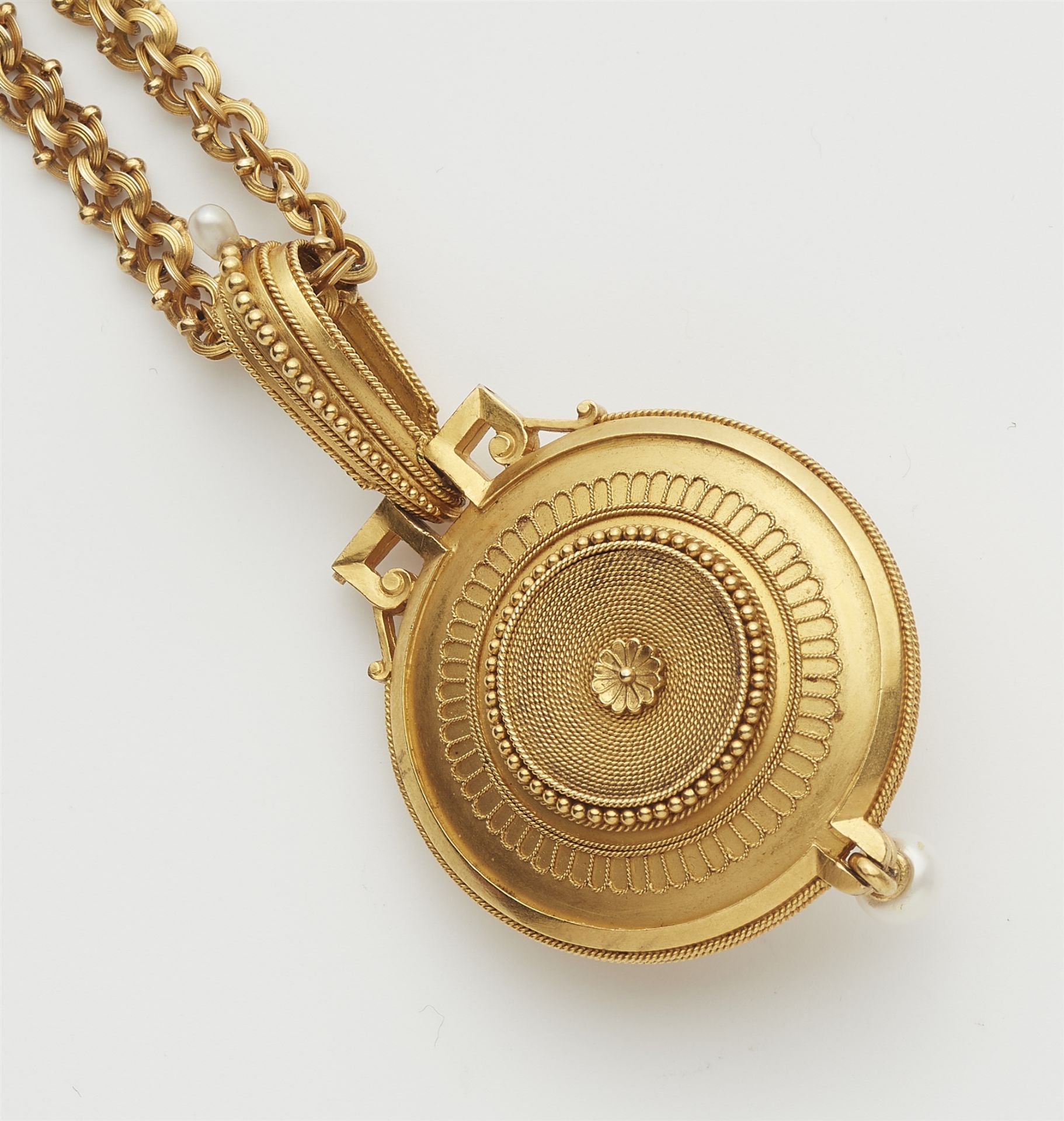 An Archeological Revival 18k gold granulation pearl and diamond locket with chain necklace. - Image 3 of 4