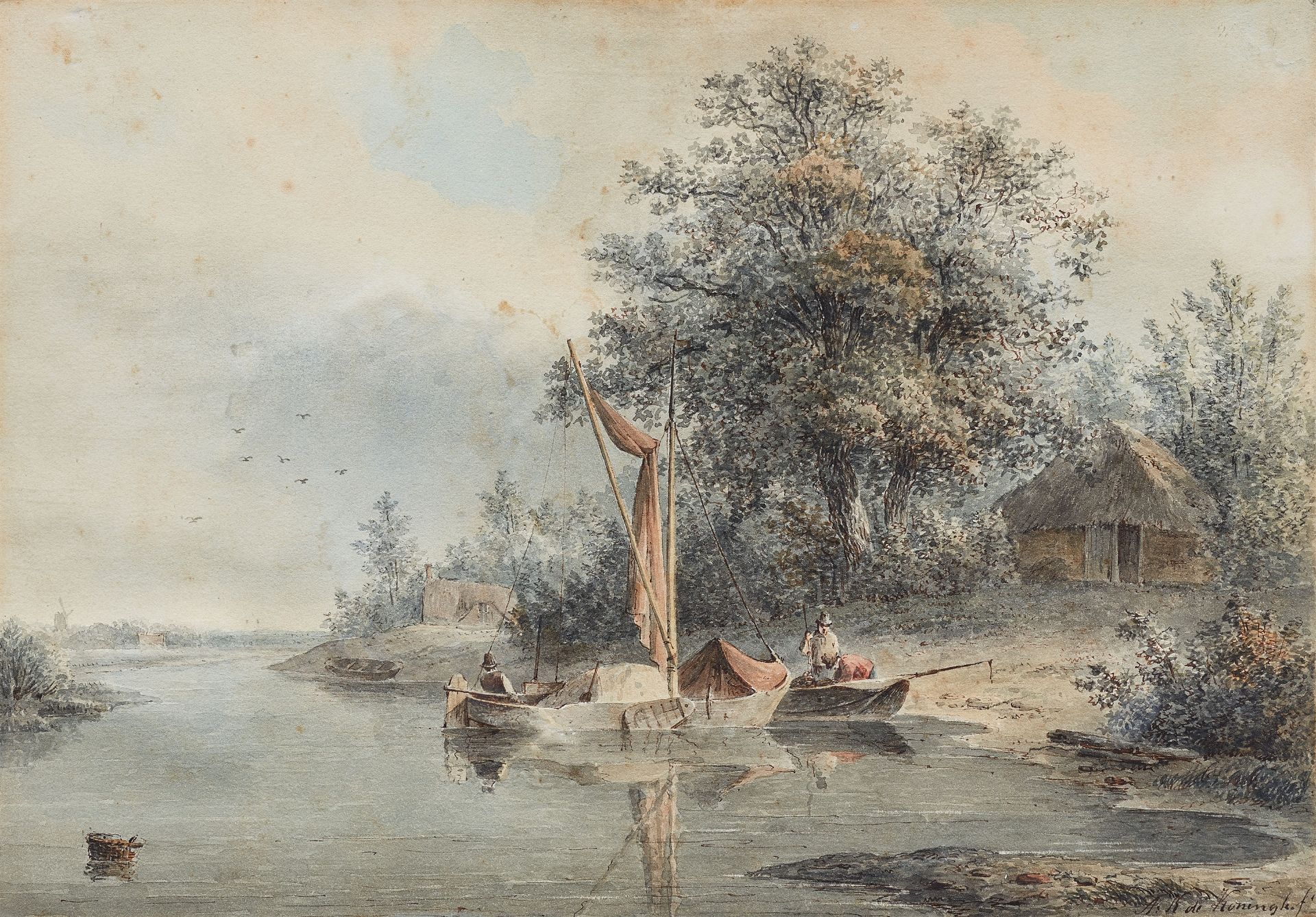 Arie Ketting de Koningh, River Landscape with Two Boats and House