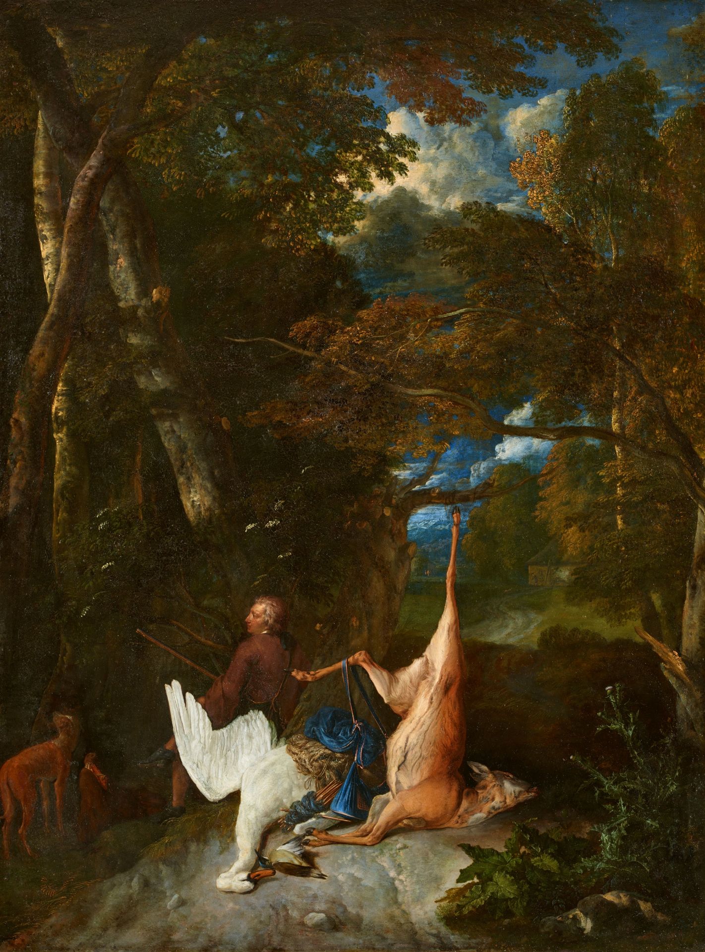 Pieter Gijsels, A swan, a deer and other game, in a forest landscape with a huntsman seated beyond