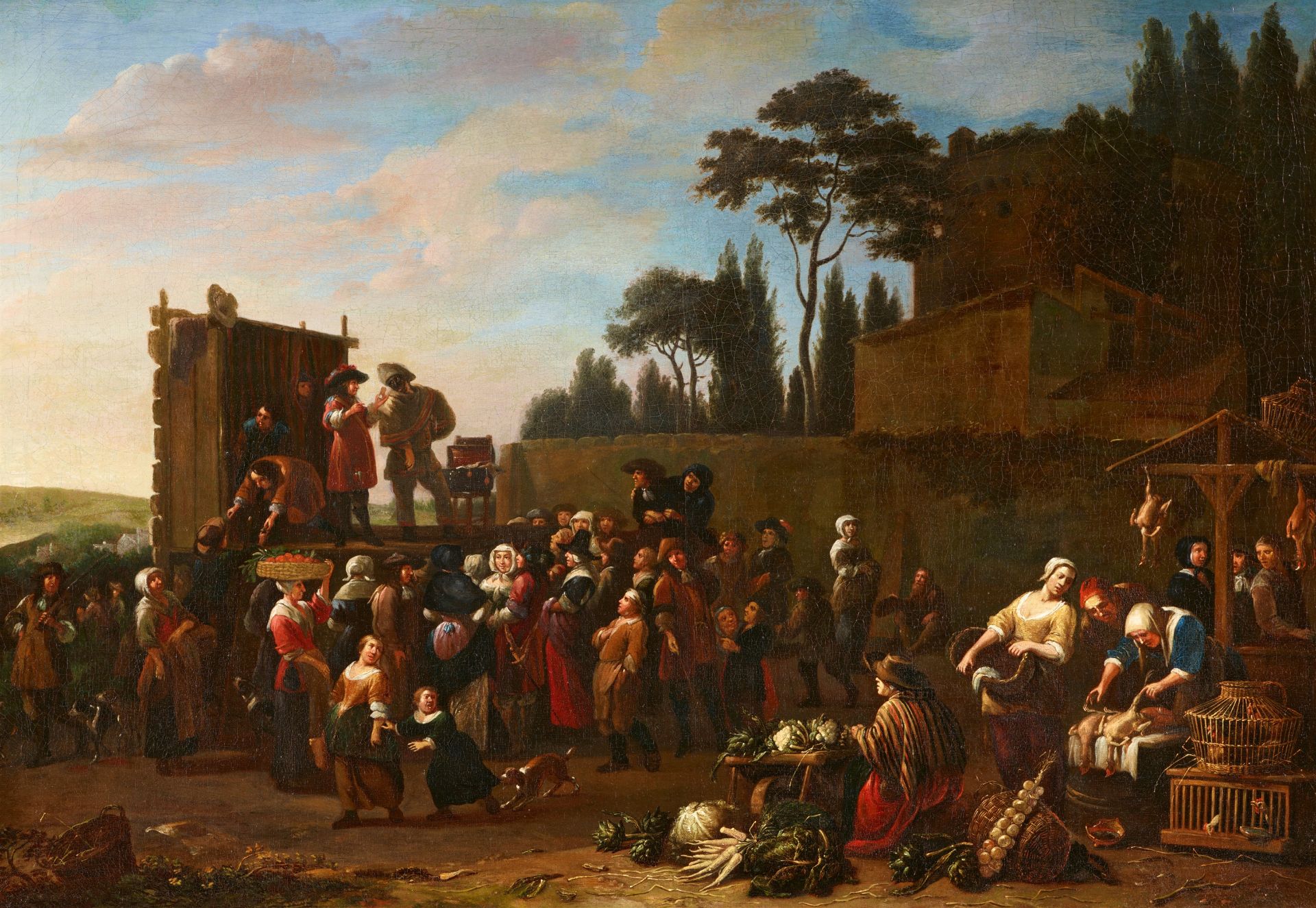 Jan van Buken, attributed to, Southern Market Scene with Showmen