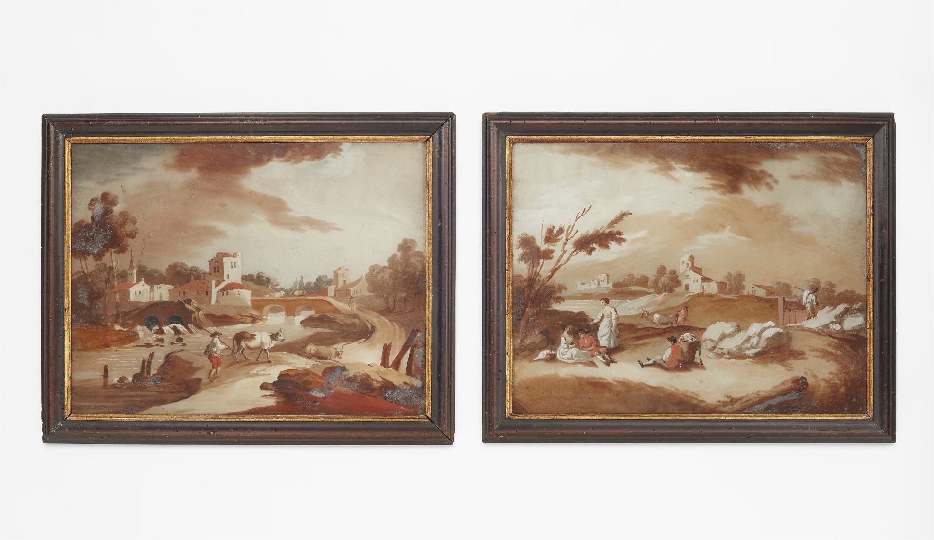 Two Augsburg reverse glass landscape paintings