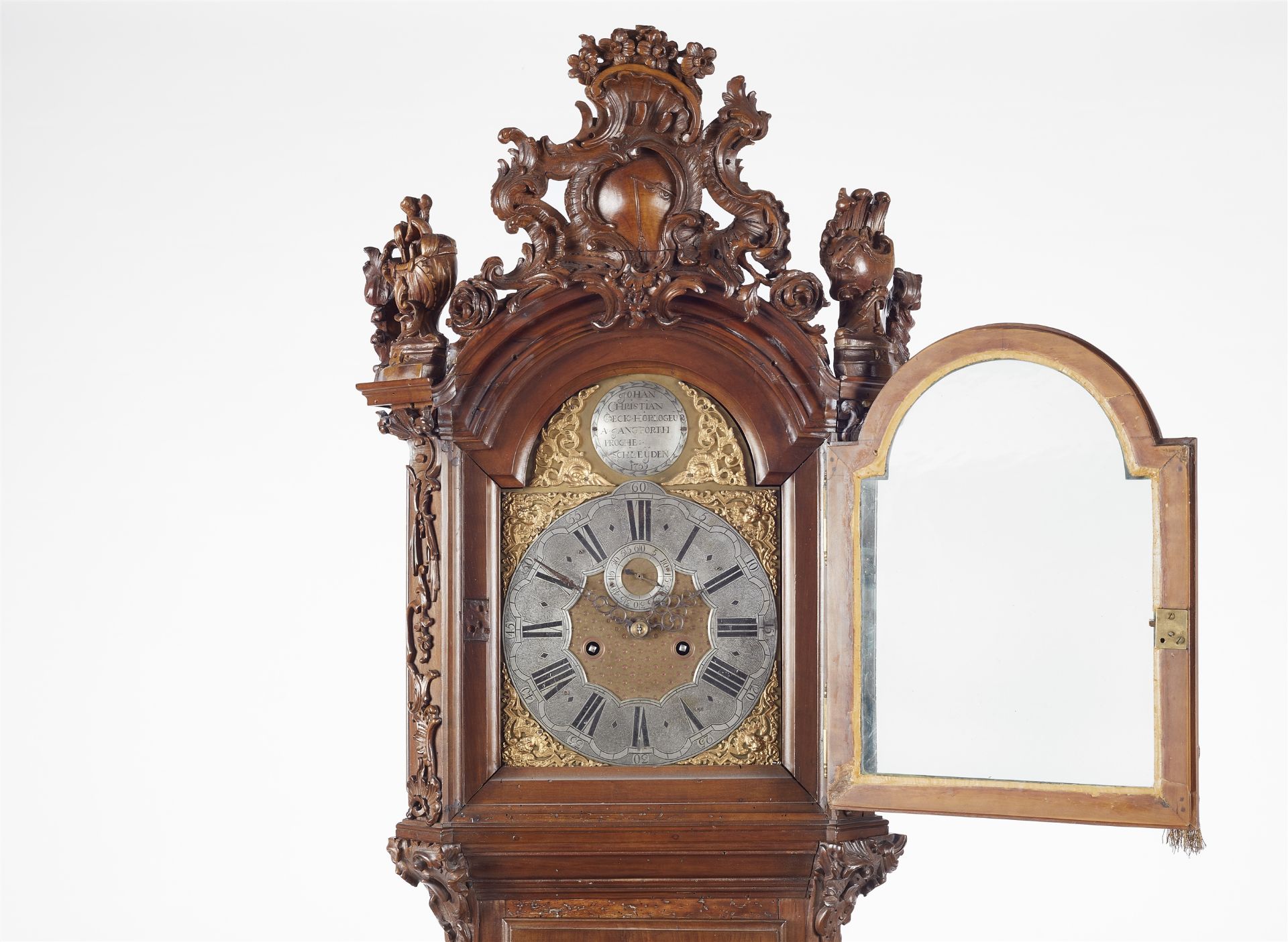 A museum quality longcase clock with a carved Vanitas still life - Image 3 of 3