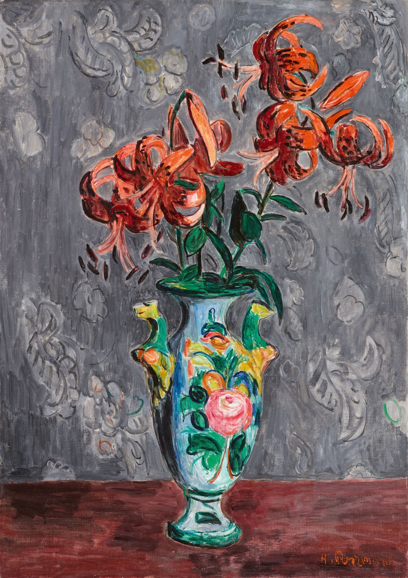 Hans Purrmann, Blumenstillleben mit Biedermeiervase