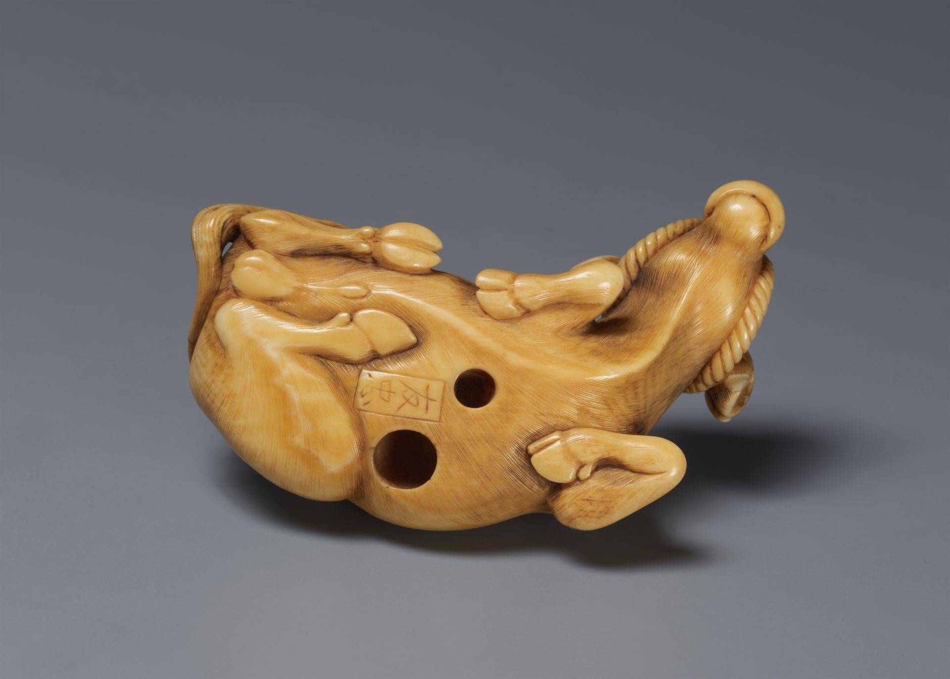 A fine ivory netsuke of an reclining ox. Late 18th century - Image 3 of 6