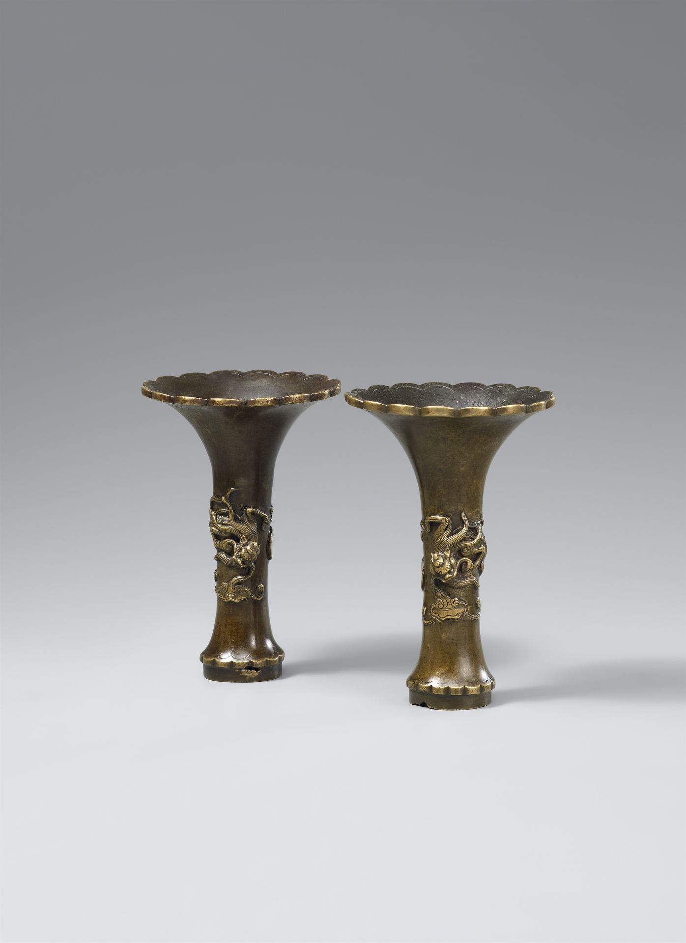 A pair of very small copper alloy vases. Qing dynasty