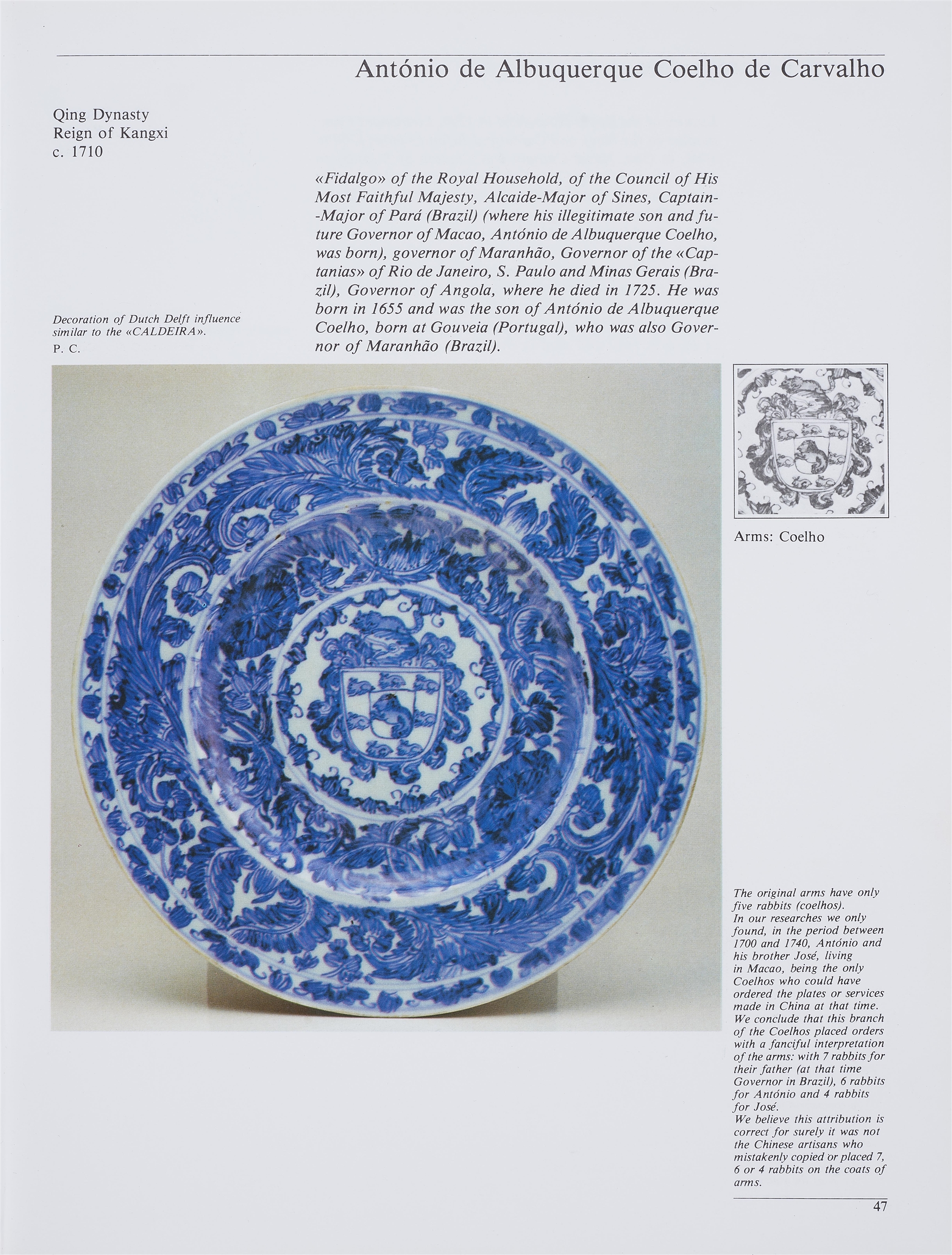 A large blue and white armorial dish with the arms of the Coelho family. Kangxi period (1661–1722),  - Image 2 of 4