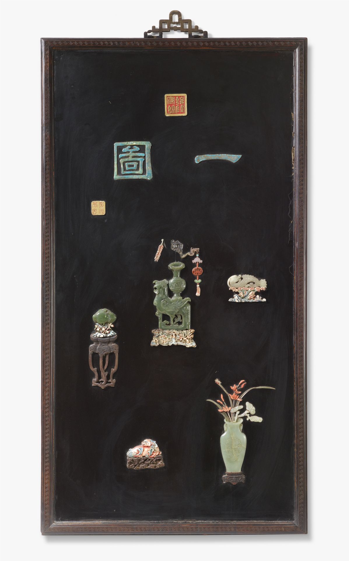 A lacquered wood panel with various inlays. Late 19th century.