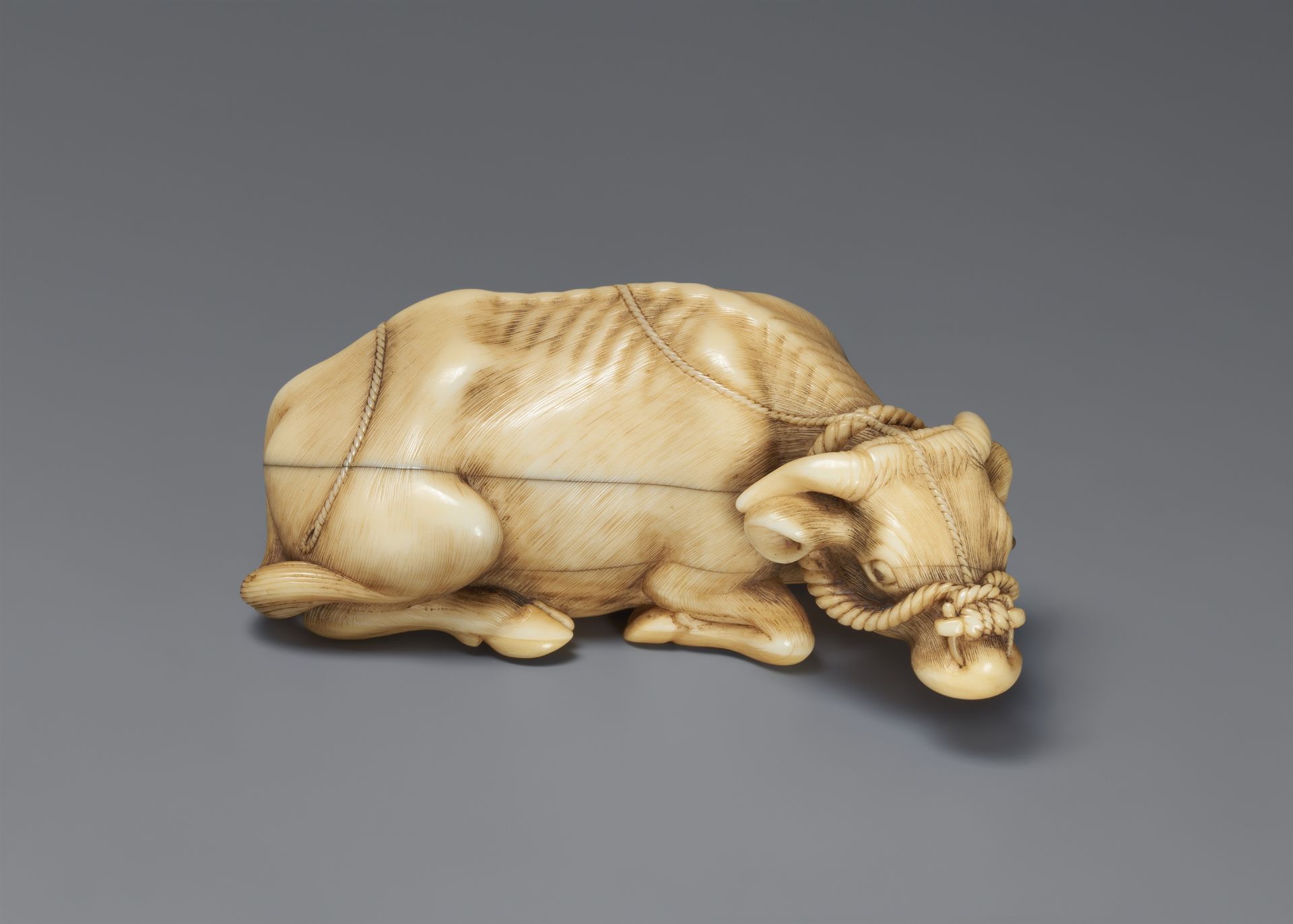 A fine ivory netsuke of an reclining ox. Late 18th century