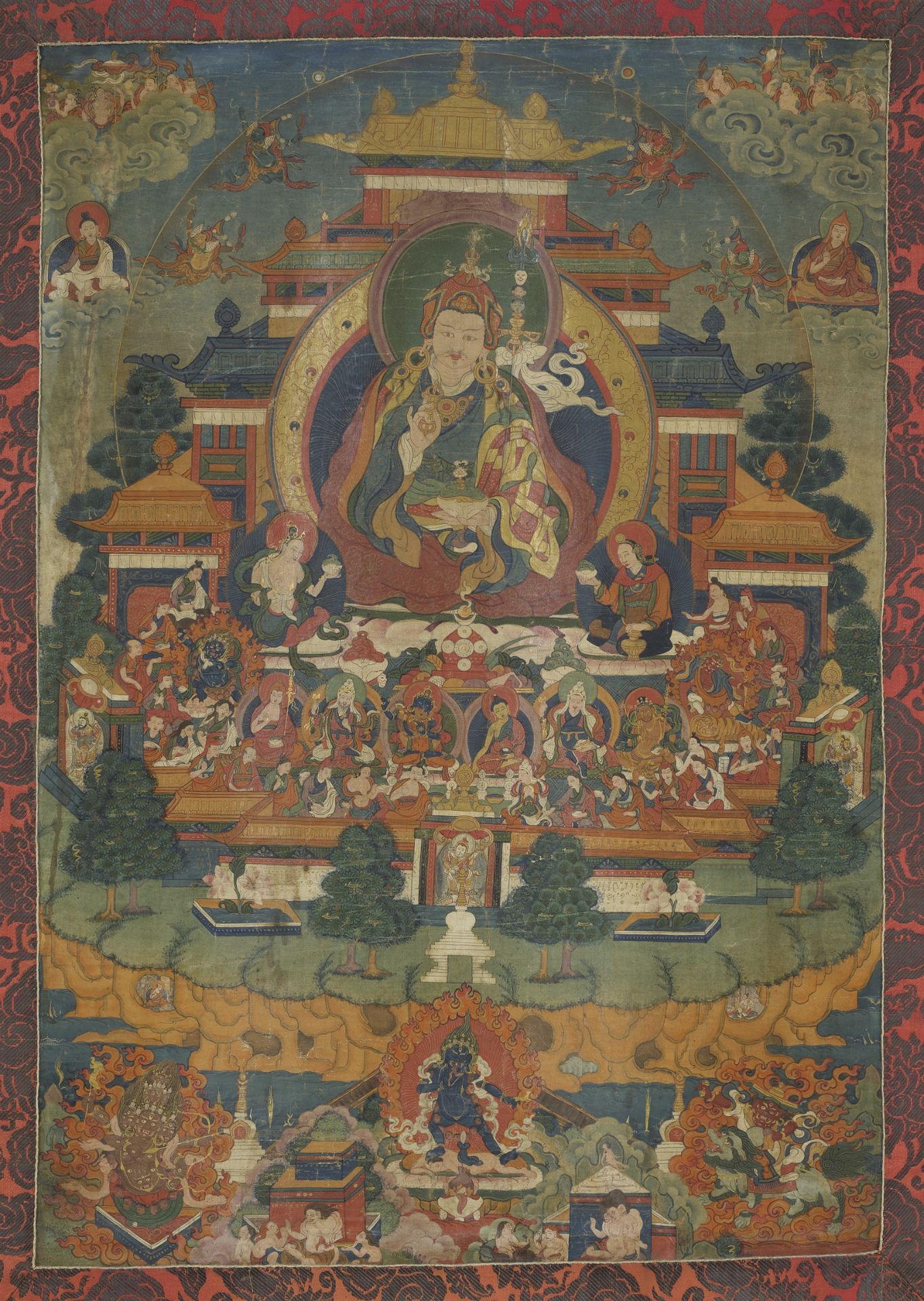 Thangka des Padmasambhava im Reinen Land des Kupferberg-Paradieses. Tibet. 18./19. Jh.