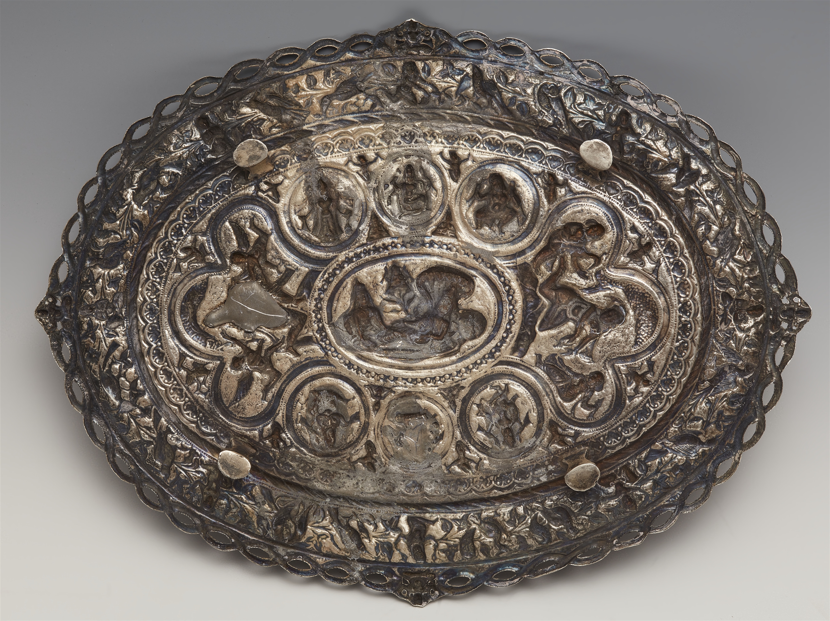 A Poona oval silver swami pattern footed tray. Late 19th century - Image 2 of 2