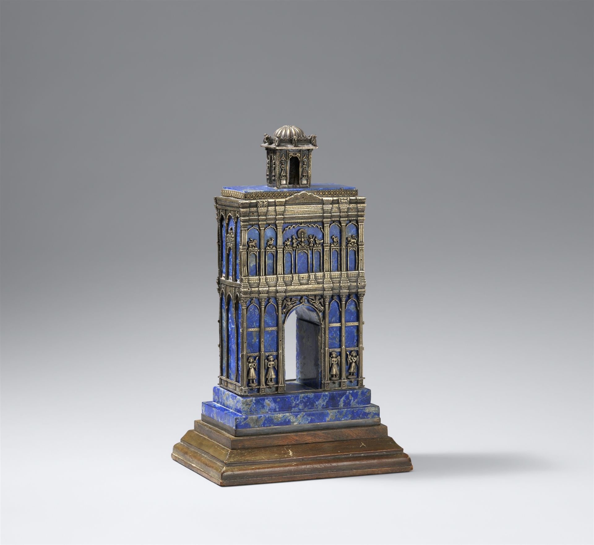 A probably Anglo-Indian lapis lazuli veneered and brassmodel of an arch. 19th century