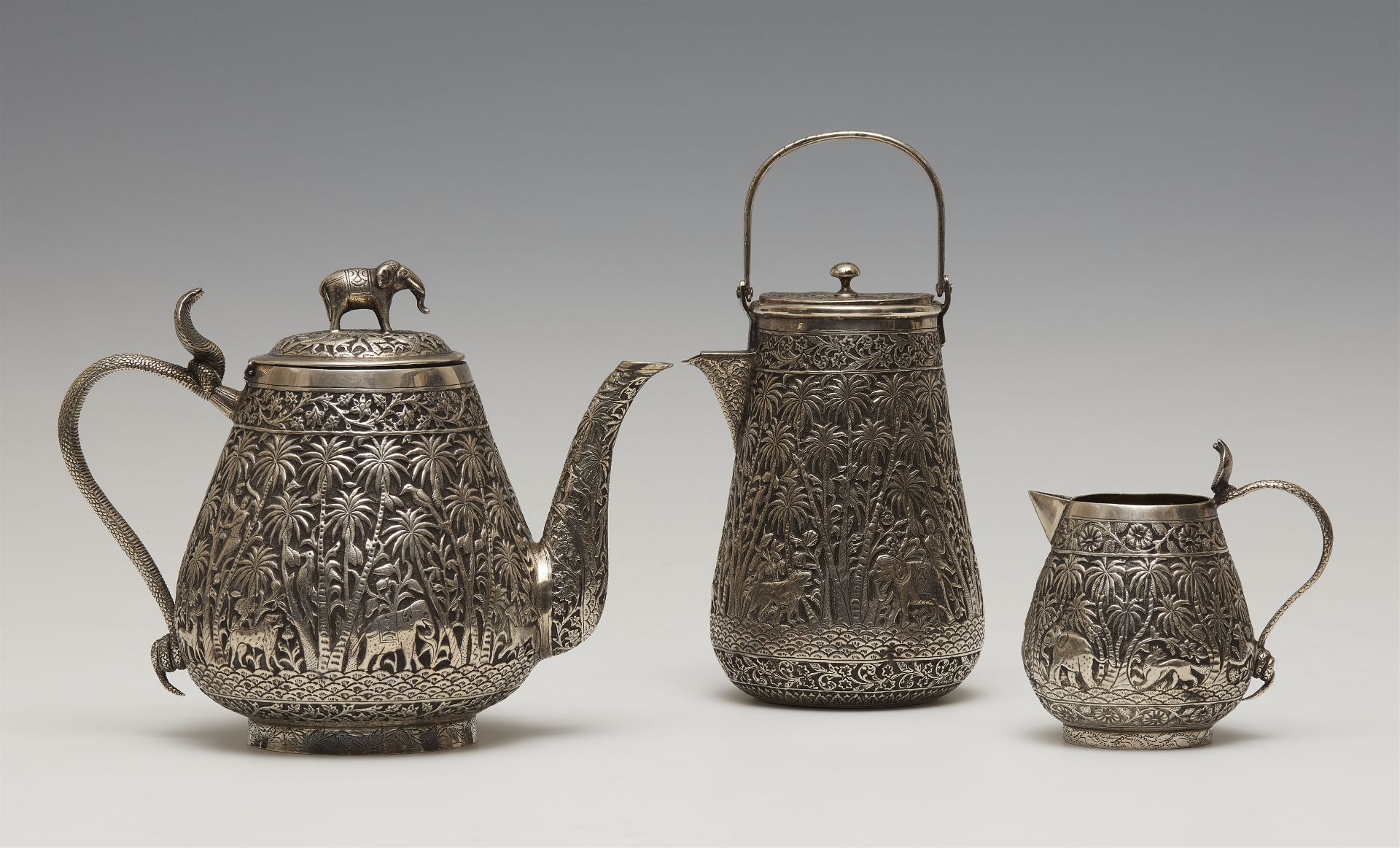 A Lucknow jungle pattern silver tea and coffee set. Northern India. Late 19th century