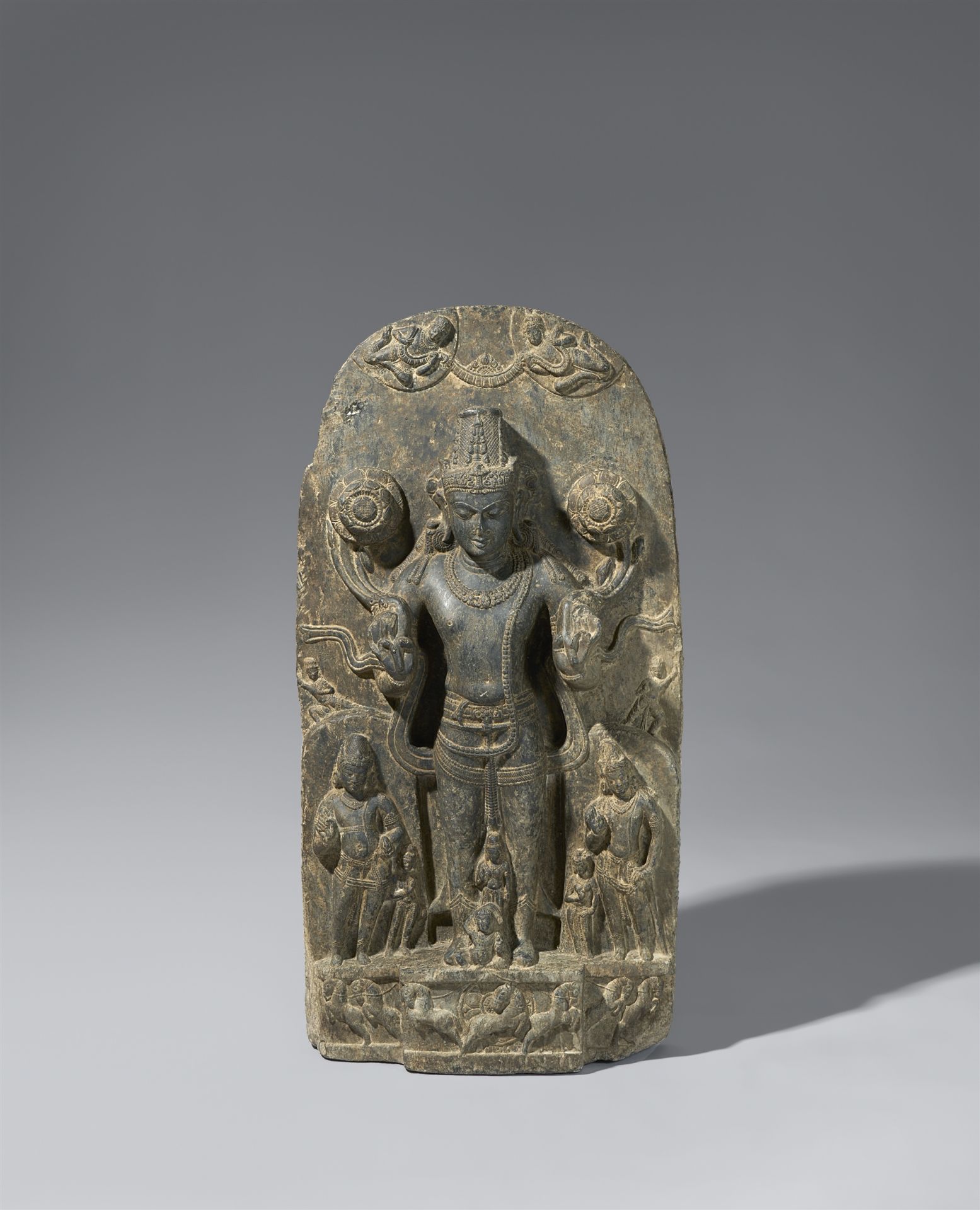 A very large grey sandstone Stele of Surya. Northeastern India, Bihar. 11th/12th century