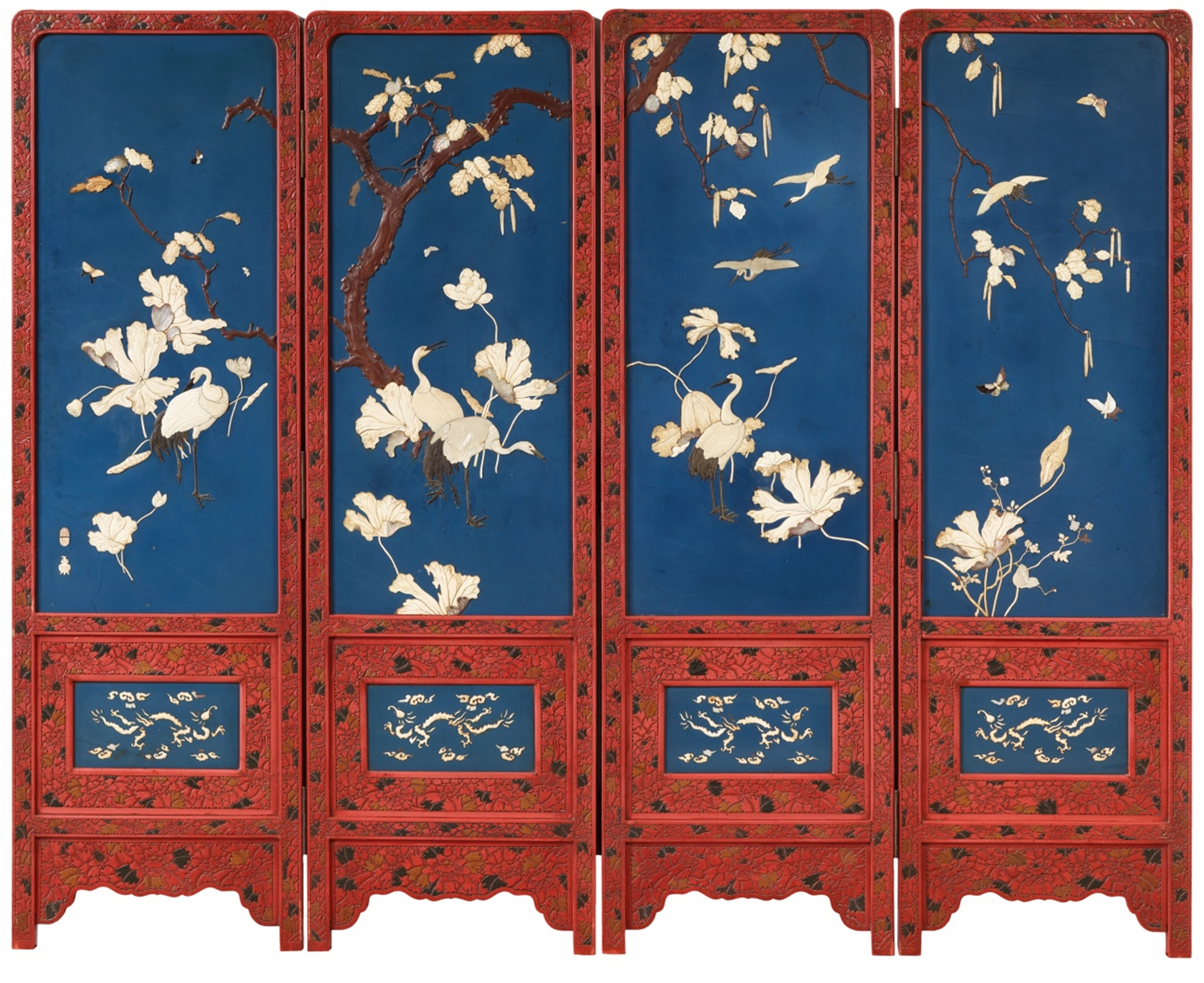 A four-panel inlaid lacquer screen. Late 19th century