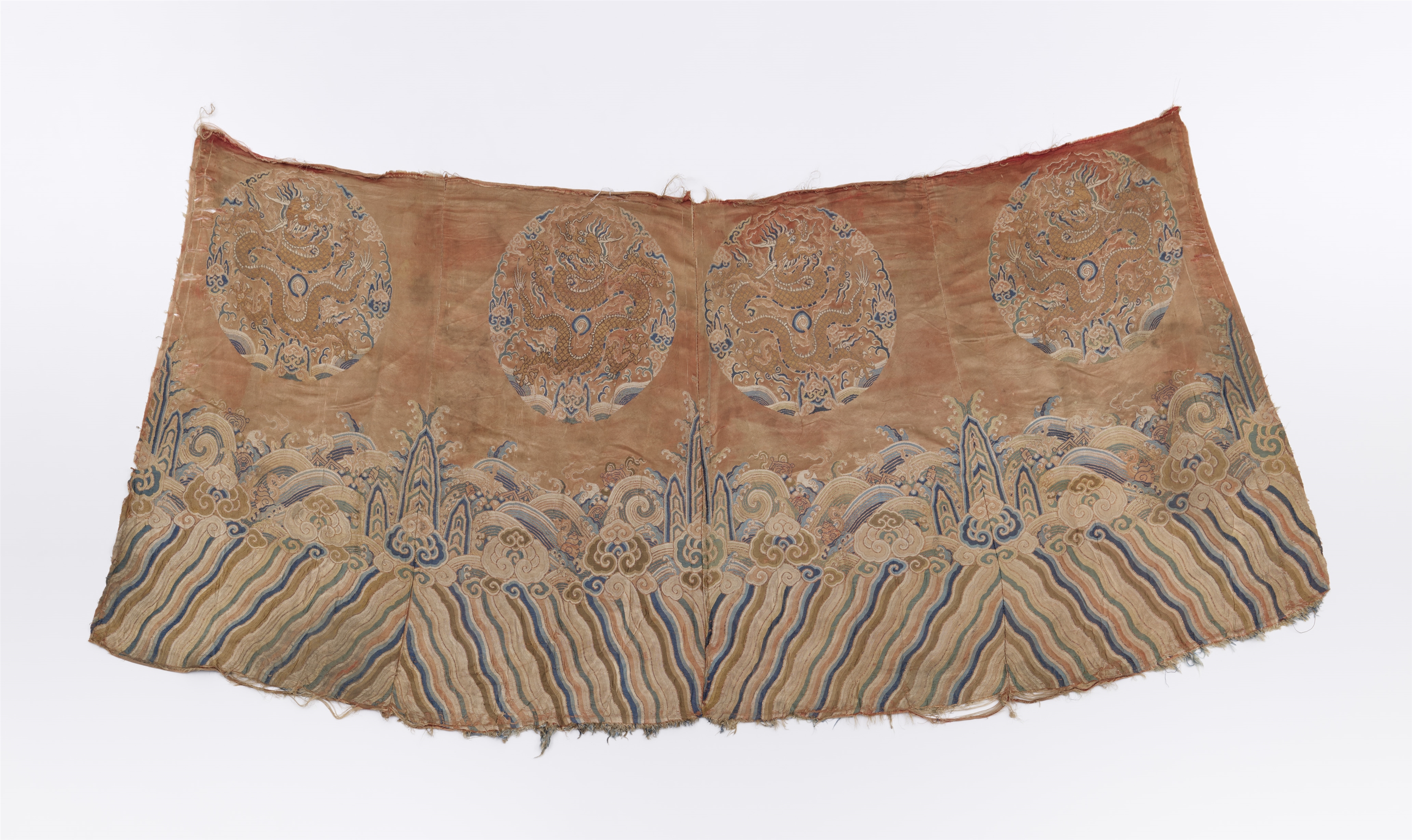A silk satin fragment of a nine dragon robe. 18th/19th century