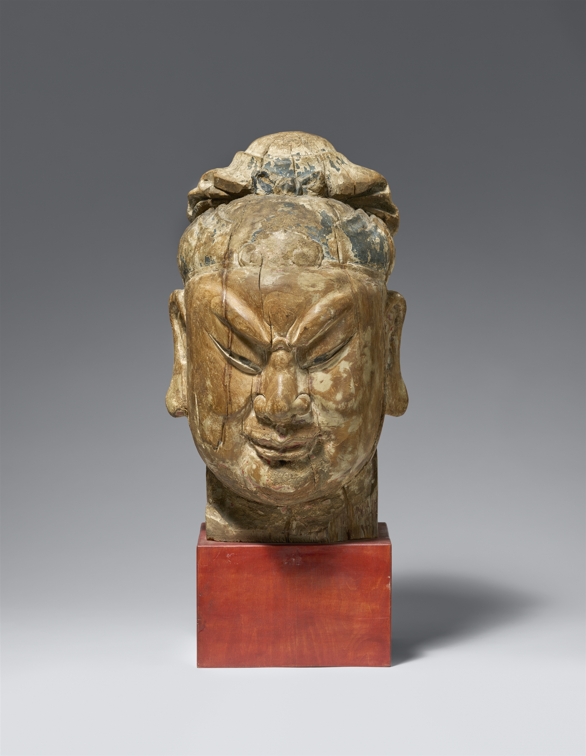 A monumental polychromed wood head of Guandi. Yuan dynasty
