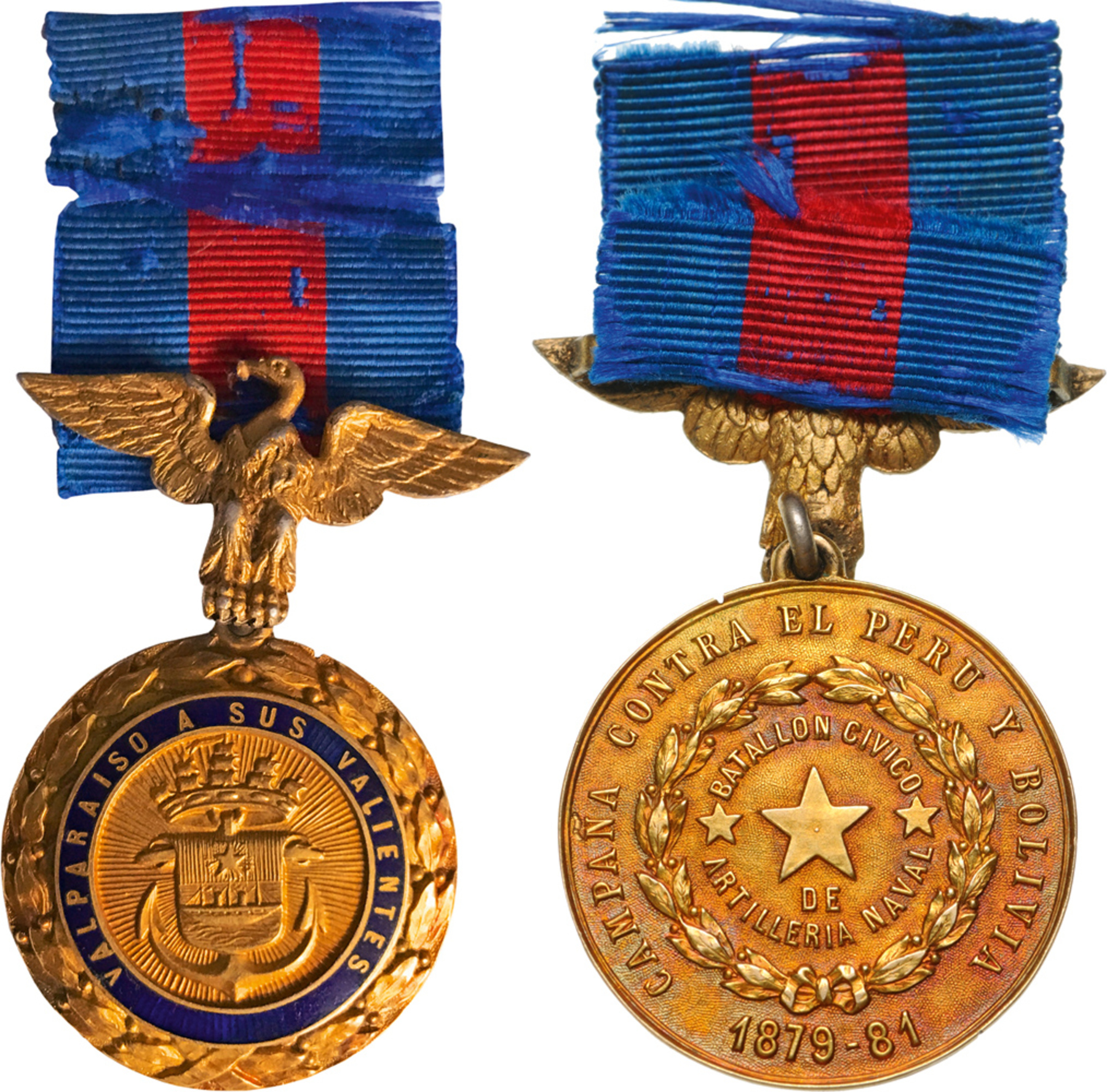 Gold Medal for Valparaiso Campaign, 1st Type with inscription "Bataillon Civico de Artilleria Naval"