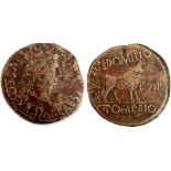 Hispania, Augustus of Celsa AE 26 mm, Bronze (12.14 g), Domitius and C. Pompeius 5-3 BC.