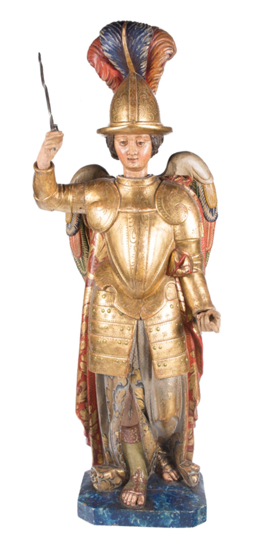 "Archangel Saint Michael". Carved, gilded and polychromed wooden sculpture. Colonial School. Mexico