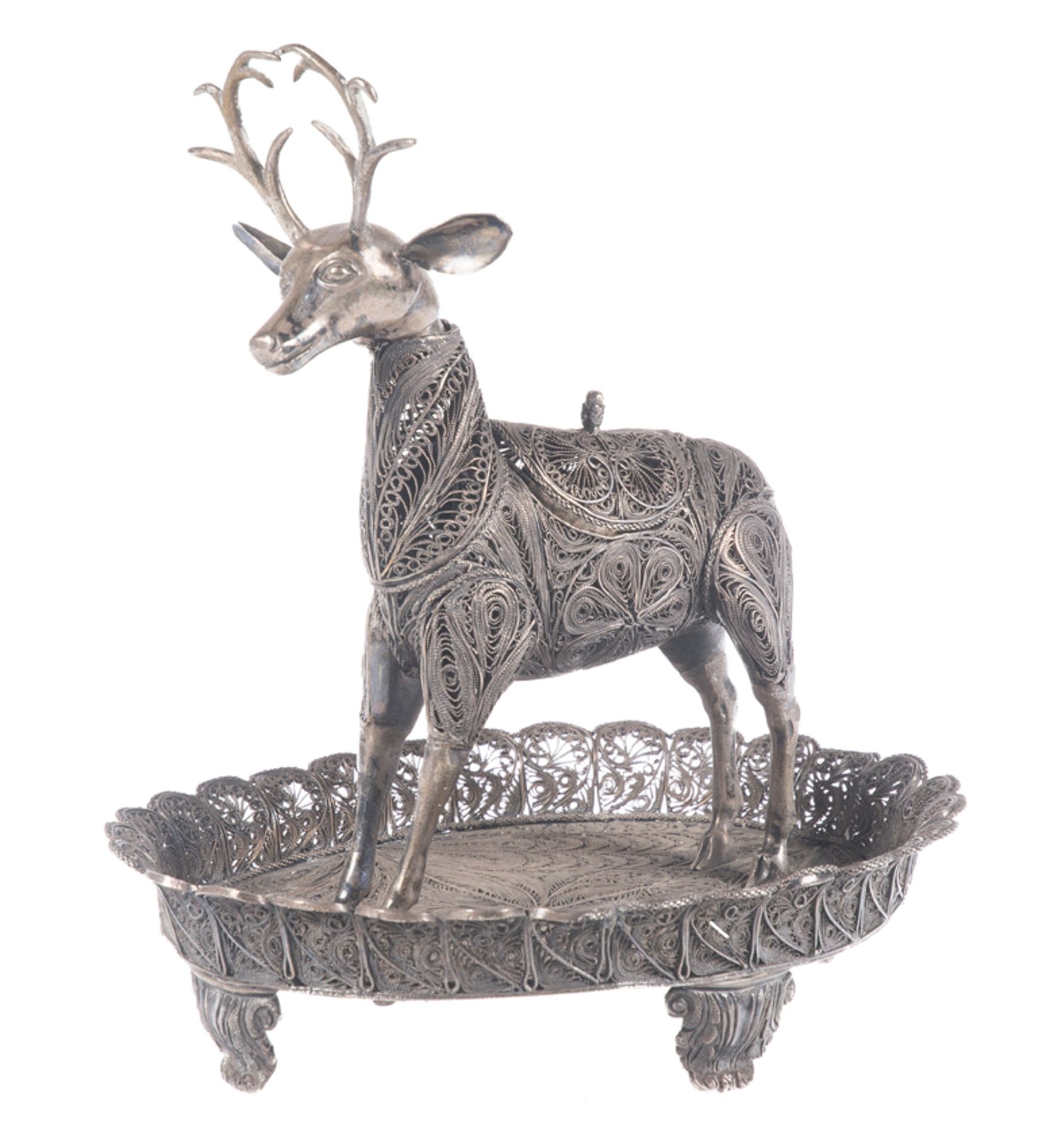 "Sahumador". Deer-shaped, silver filigree incense burner in chased and embossed cast silver. Colonia