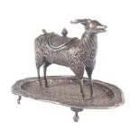 "Sahumador". Deer-shaped, silver filigree incense burner in chased and embossed cast silver. Colonia