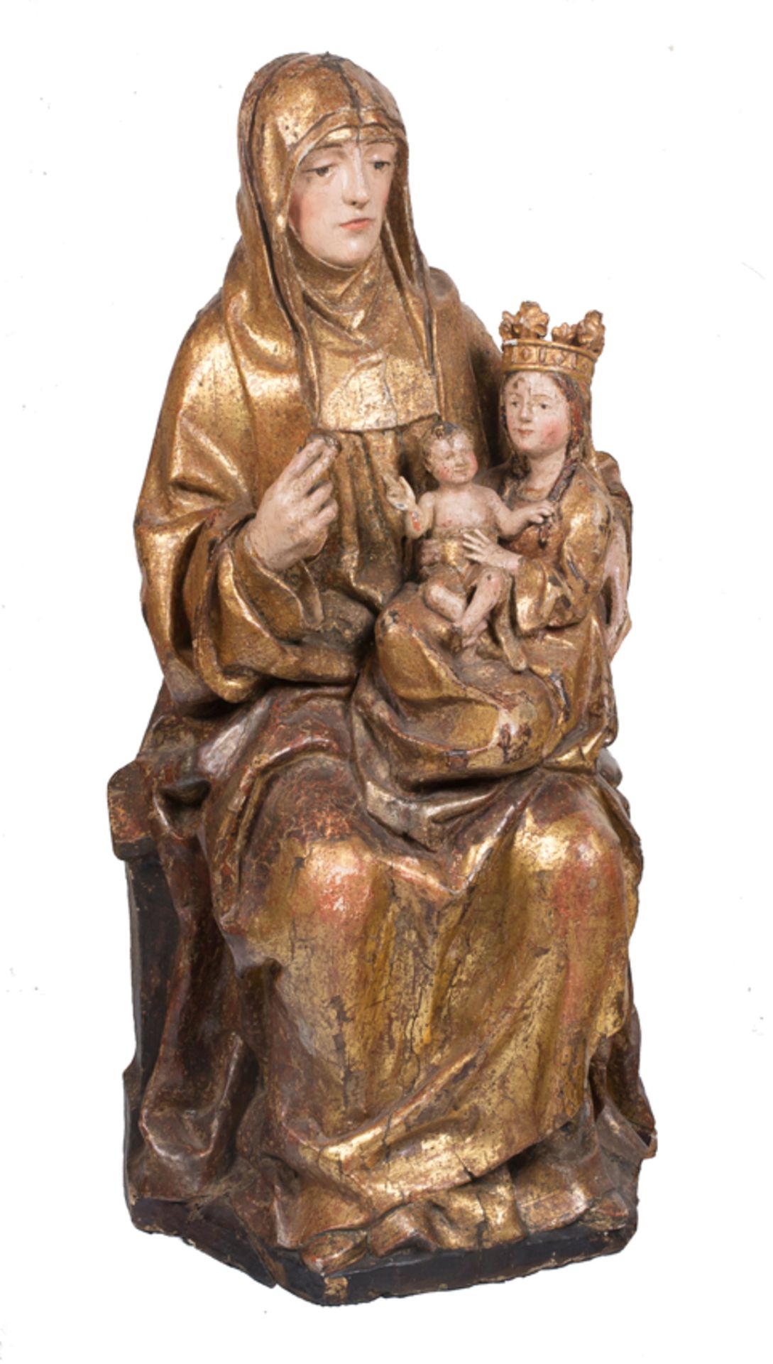 "Saint Anne, the Virgin Mary and the Christ Child". Carved, polychromed and gilded wooden sculpture.