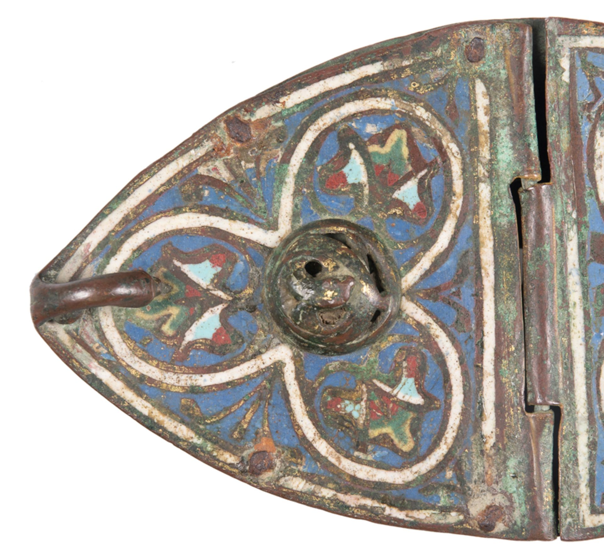 Engraved, chased and partially gilded copper incense burner with champlevé enamel. Limoges. France. - Bild 5 aus 8