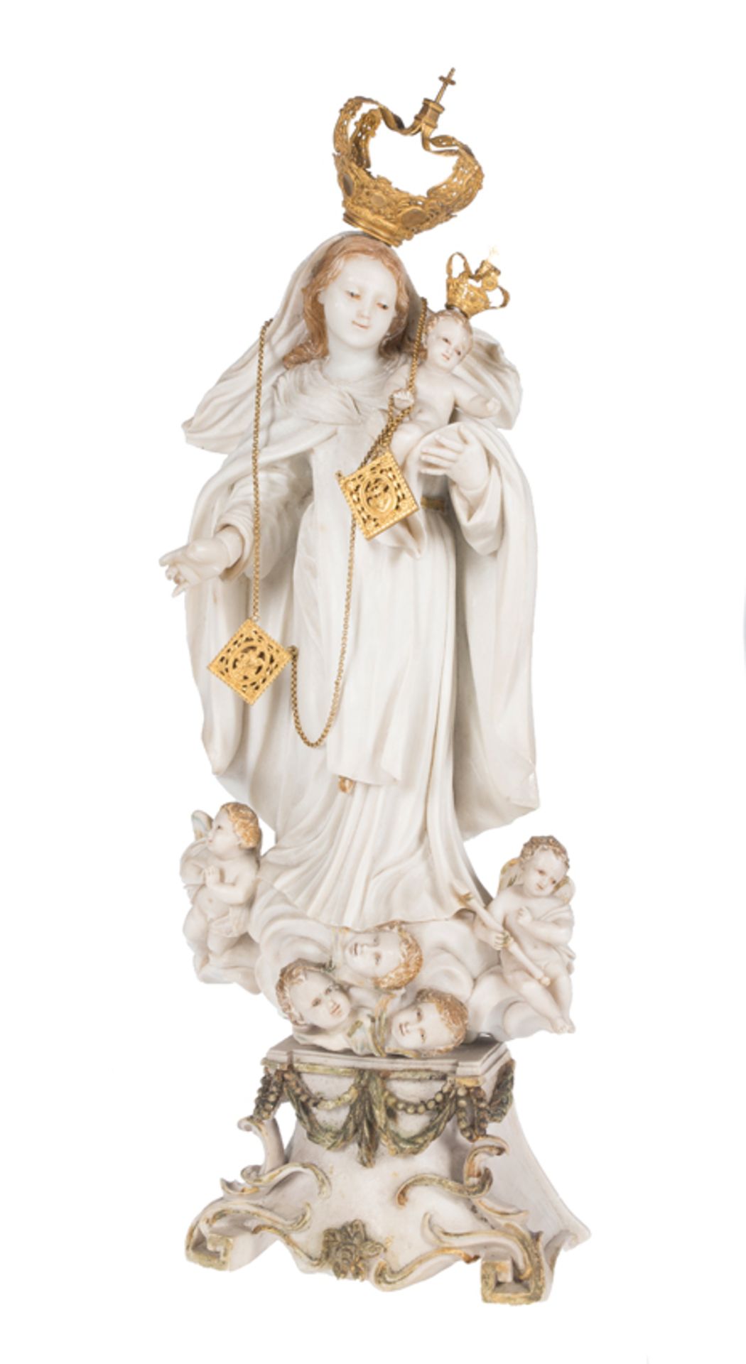 "Our Lady of Carmen with Child". Sculpted, gilded and polychromed alabaster figure. Colonial worksho