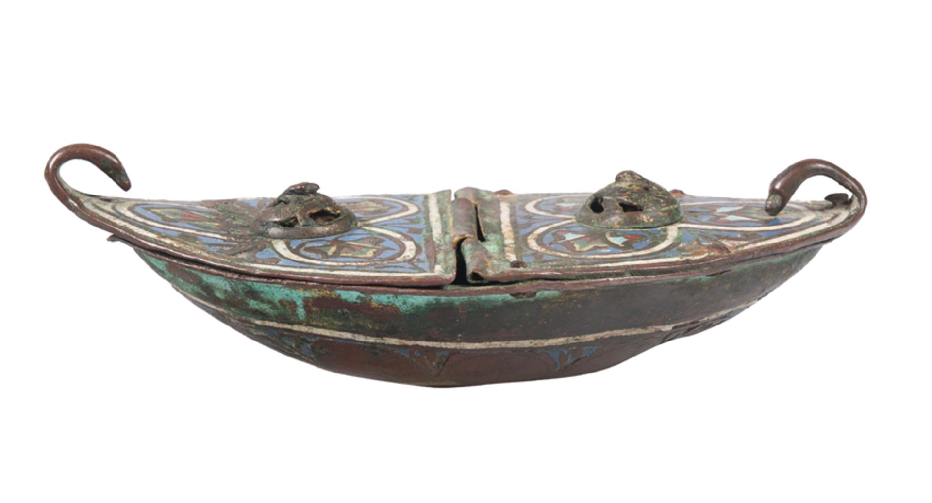 Engraved, chased and partially gilded copper incense burner with champlevé enamel. Limoges. France. - Bild 2 aus 8