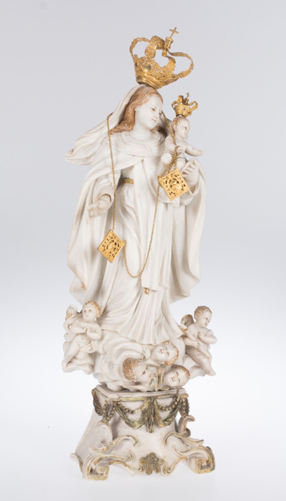 "Our Lady of Carmen with Child". Sculpted, gilded and polychromed alabaster figure. Colonial worksho - Image 2 of 10