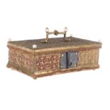 Italian wooden chest covered in silk and decorated with gilded cast metal plaques. Possibly Venetian