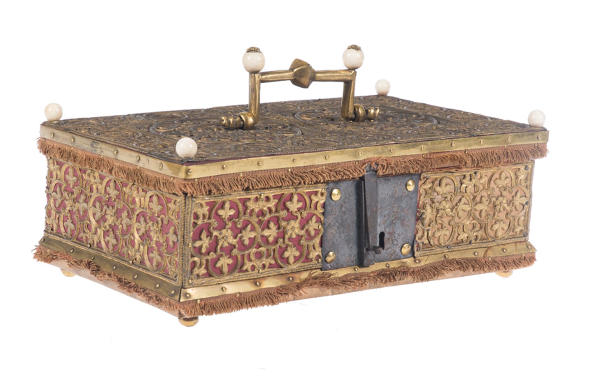 Italian wooden chest covered in silk and decorated with gilded cast metal plaques. Possibly Venetian