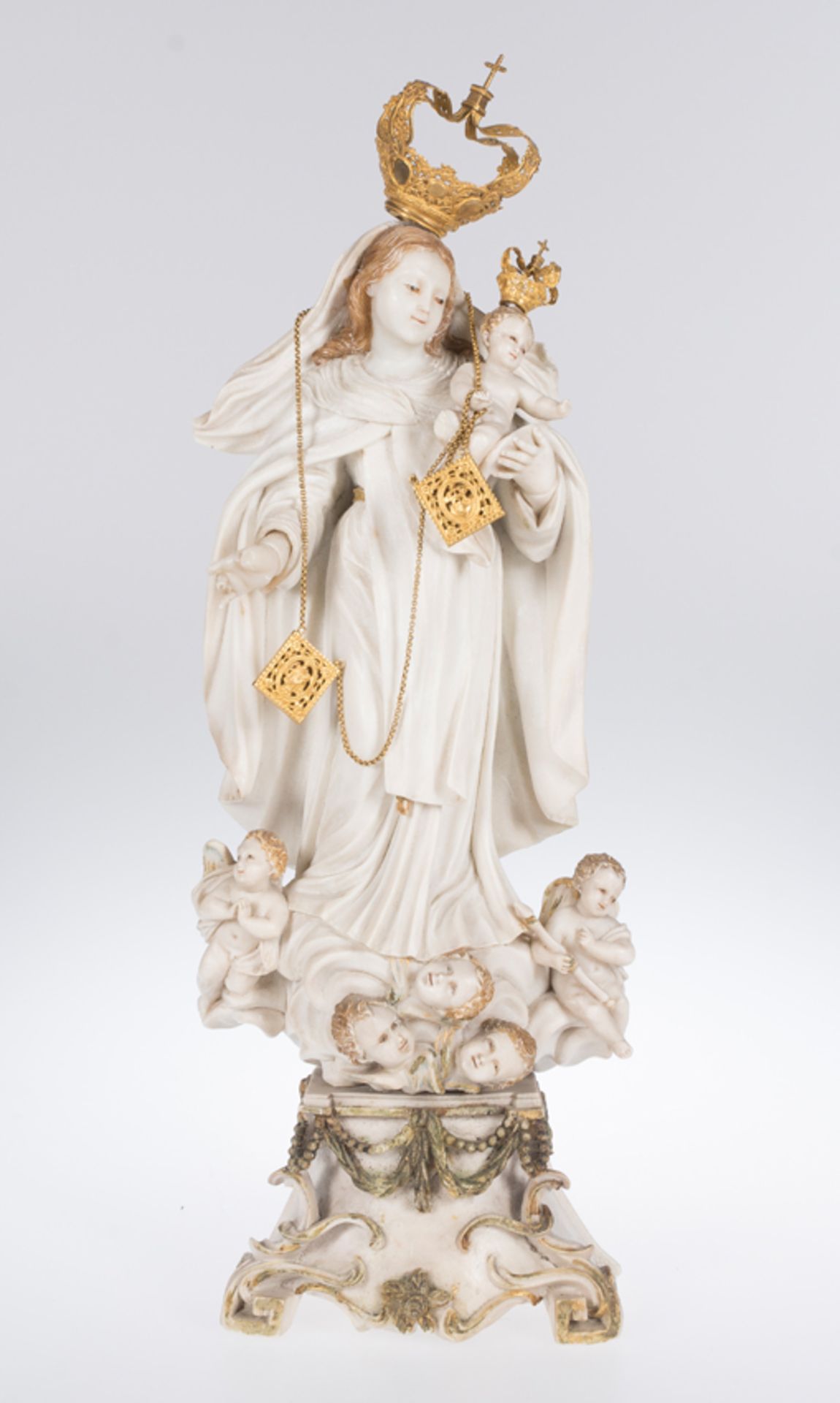 "Our Lady of Carmen with Child". Sculpted, gilded and polychromed alabaster figure. Colonial worksho - Image 3 of 10