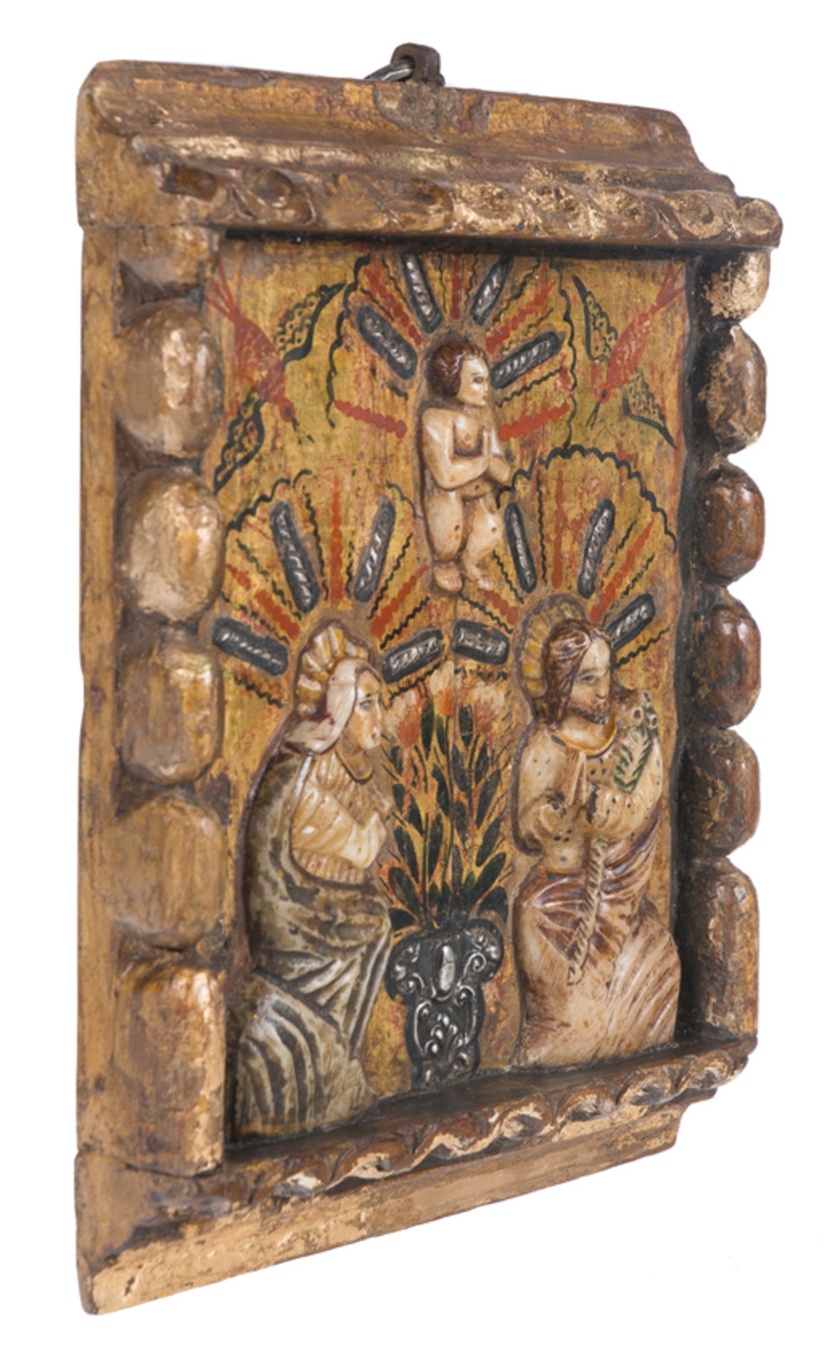 "Nativity". Sculpted, polychromed and silvered huamanga stone relief with silver appli. Peru. 18th - Bild 6 aus 7