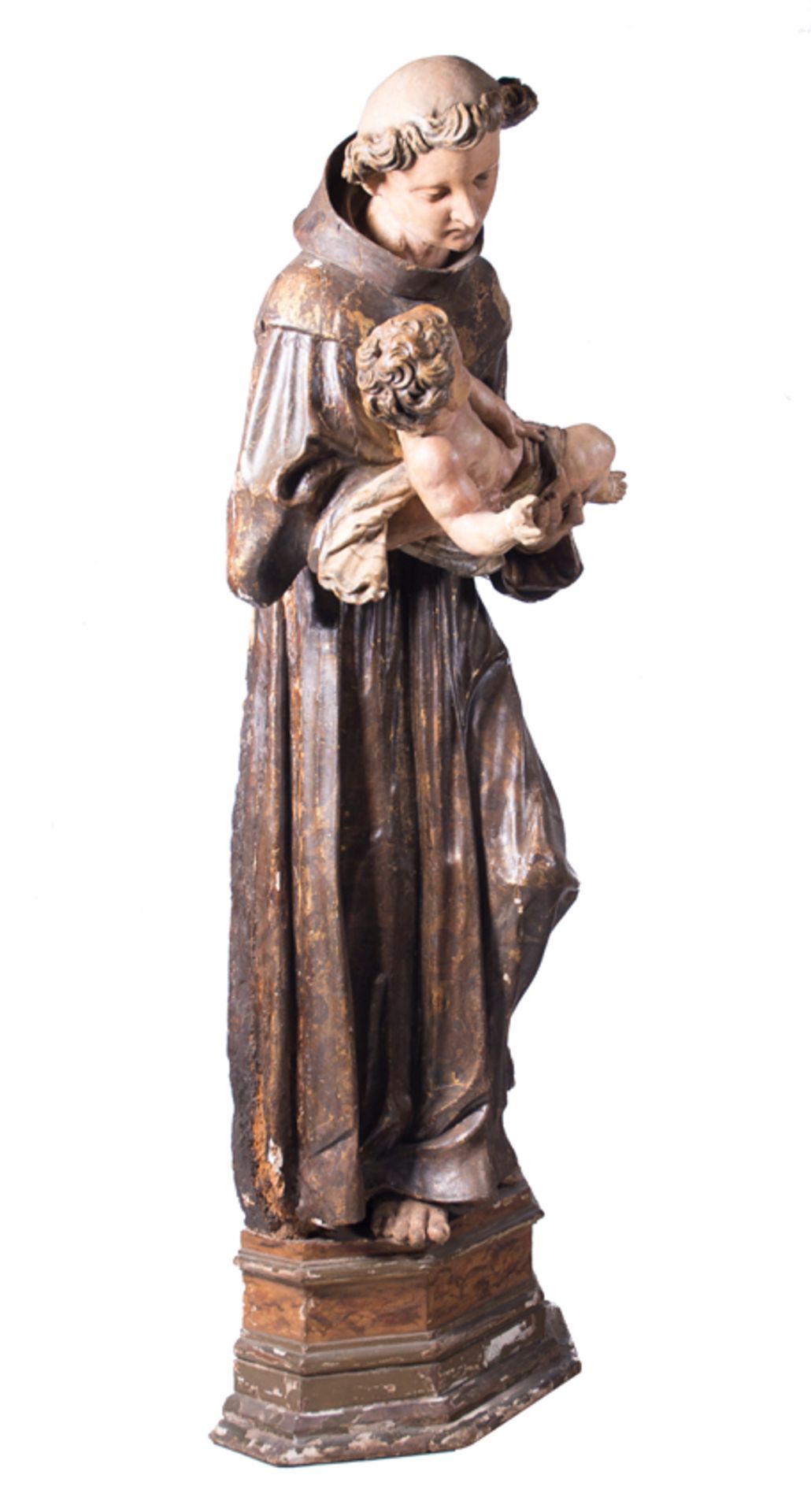 "Saint Anthony with the Christ Child". Large, polychromed and gilded wooden sculpture. 17th century. - Bild 8 aus 9