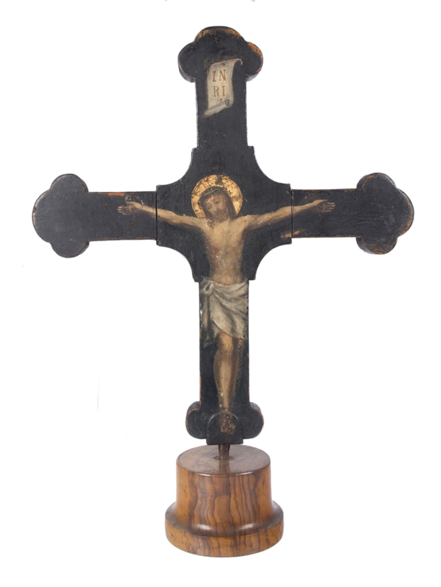 Black-dyed and polychromed wooden Spanish cross with iron fittings. 17th century.