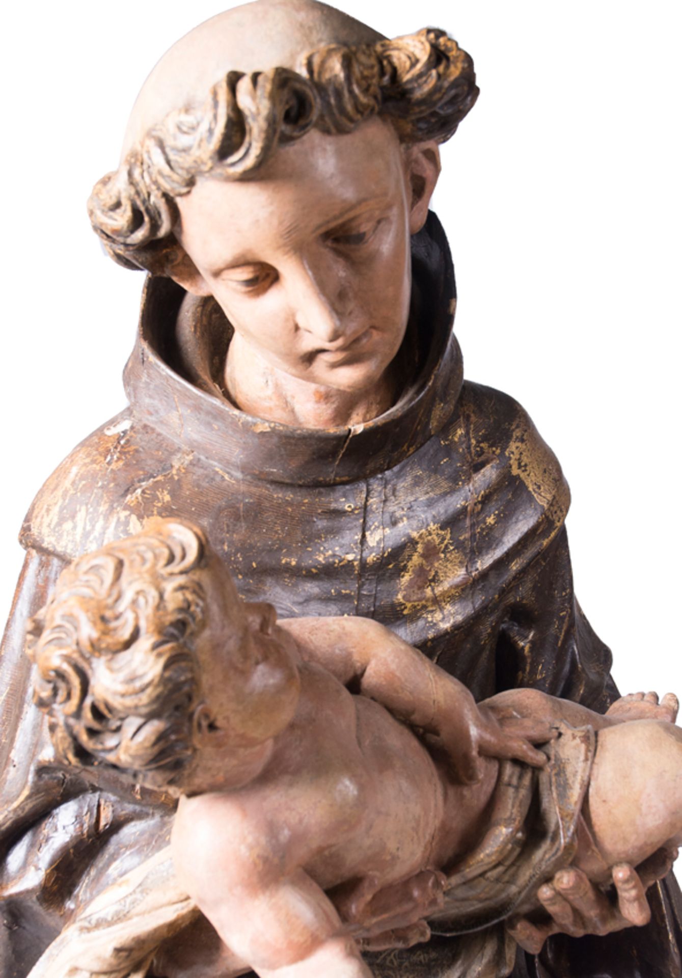 "Saint Anthony with the Christ Child". Large, polychromed and gilded wooden sculpture. 17th century. - Bild 5 aus 9