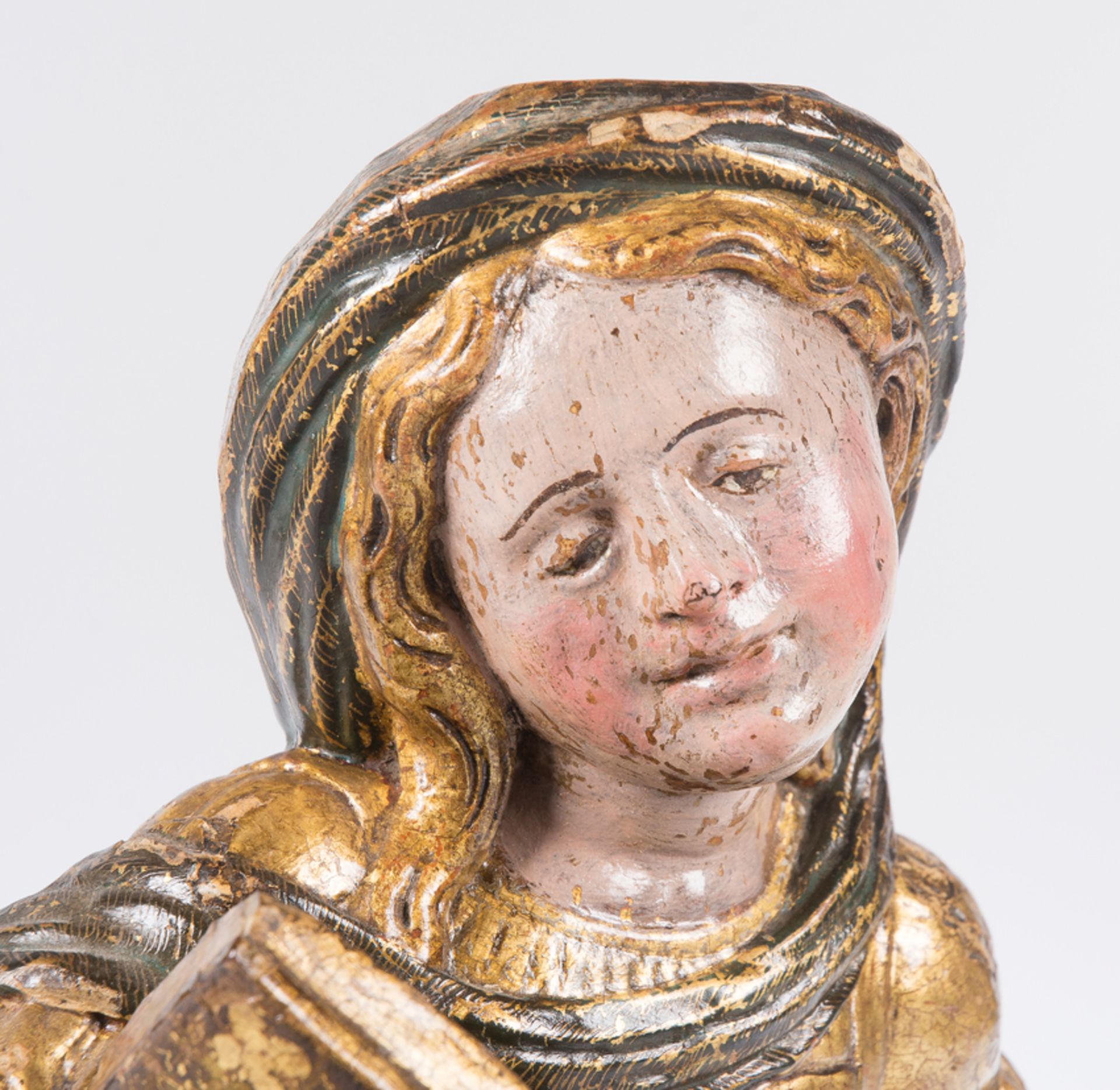 "Saint Agatha and another Saint". Pair of carved, polychromed and gilded wooden sculptures. Spanish - Bild 6 aus 7