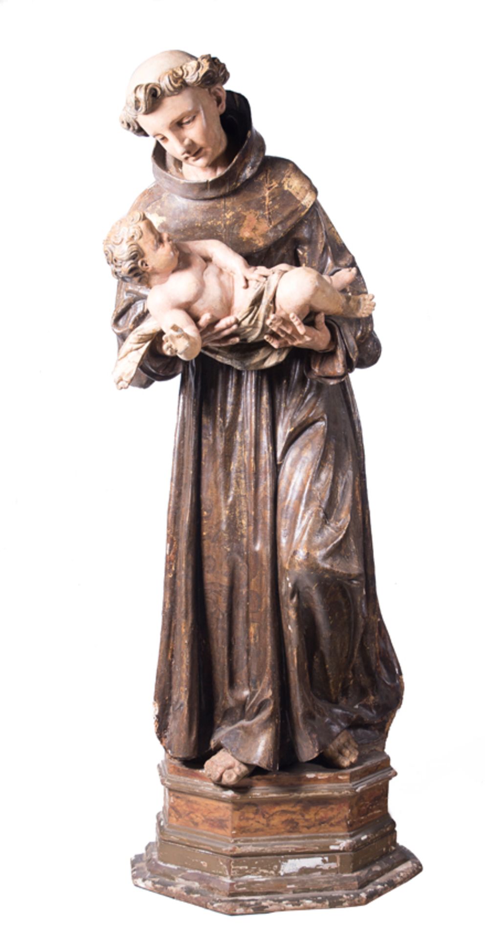 "Saint Anthony with the Christ Child". Large, polychromed and gilded wooden sculpture. 17th century.