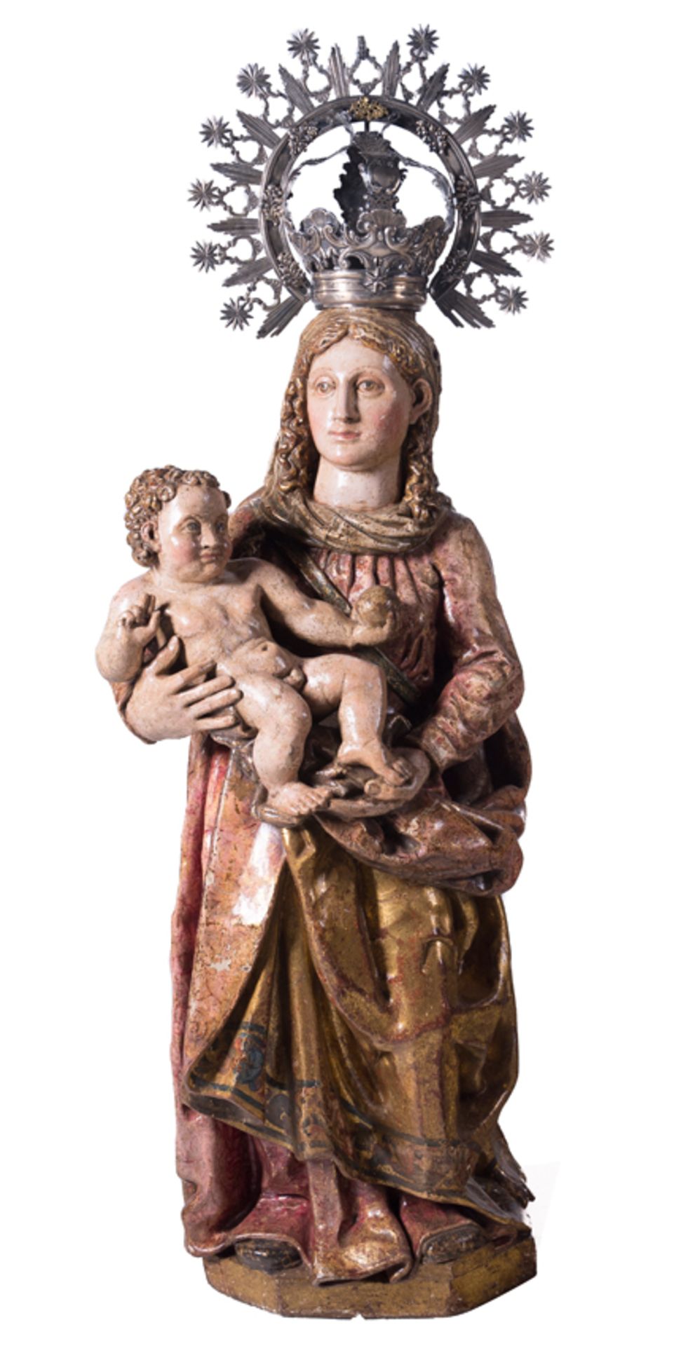 "Madonna and Child". Carved and polychromed wooden sculpture with a silver crown. Spanish School. 17
