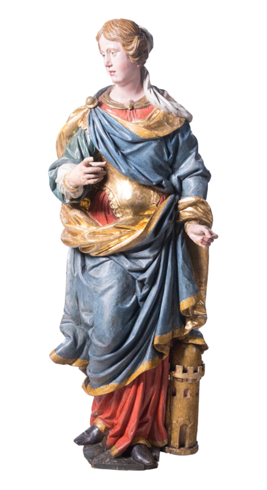 "Saint Barbara". Carved, gilded and polychromed wooden sculpture. Austria or Germany. Baroque. 17th