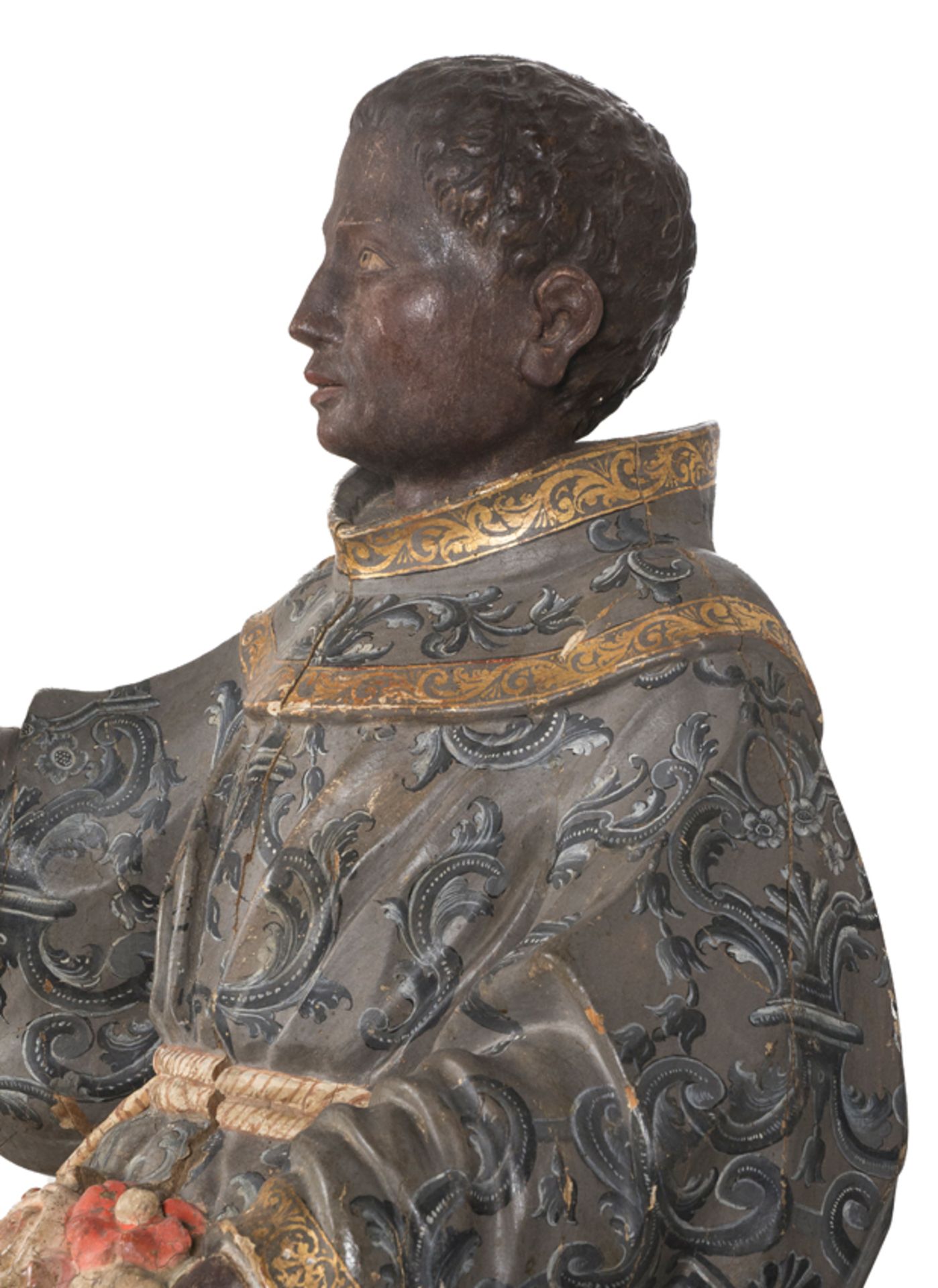 "S.Didacus of Alcalá" or "S. Benedict the Moor". Carved, polychromed and gilded wooden sculpture. - Image 7 of 12