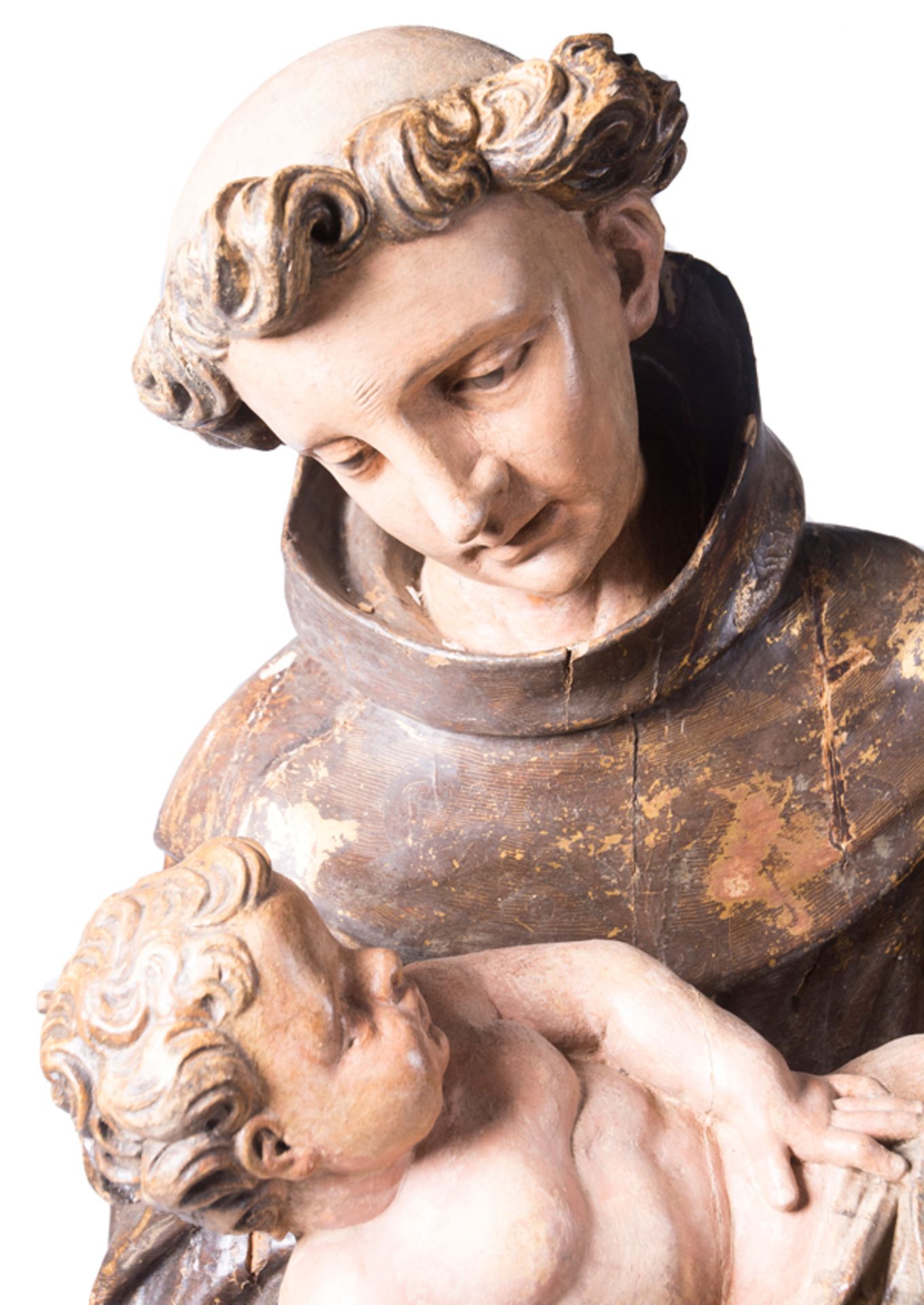 "Saint Anthony with the Christ Child". Large, polychromed and gilded wooden sculpture. 17th century. - Bild 2 aus 9