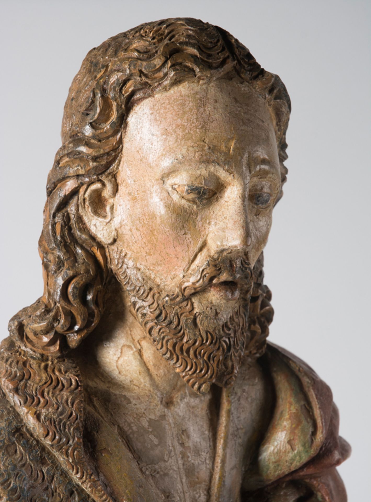 "Saint John the Baptist". Carved and polychromed wooden sculpture. Gothic. 15th century. - Bild 9 aus 10